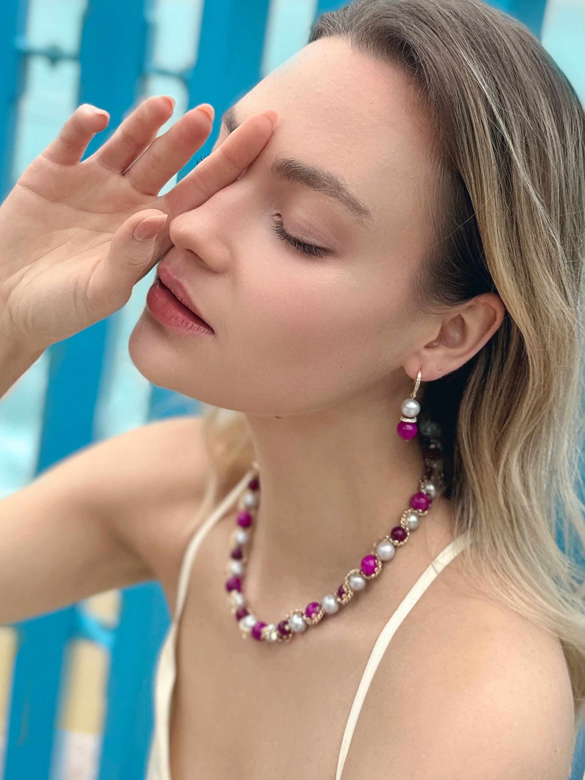 Elegant Gray Freshwater Pearl & Magenta Gemstone Statement Necklace LN012 - Perfect for Weddings, Parties & Special Occasions
