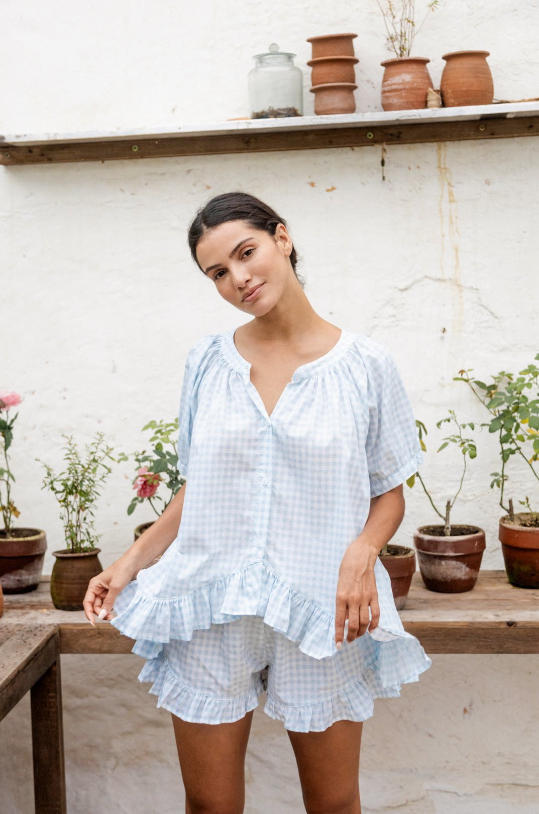 Sophie Sleep Set - 100% Cotton Gingham Pajamas in Pale Blue for Women | Soft & Breathable Sleepwear for Nighttime Comfort