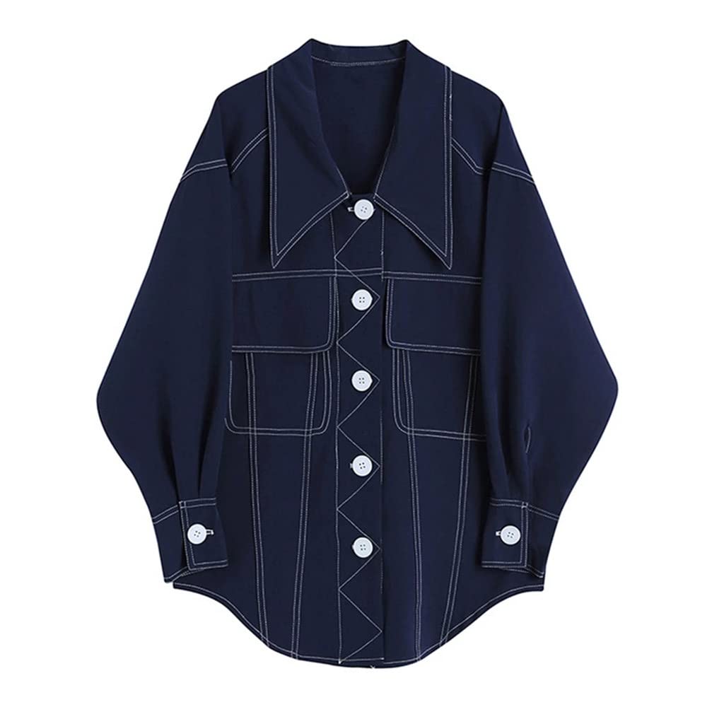 Women's Big Pocket Denim Blouse - Lapel Long Sleeve Loose Fit Shirt for Spring & Autumn | Casual Office Wear & Weekend Outings (Color: A, Size: One Size)