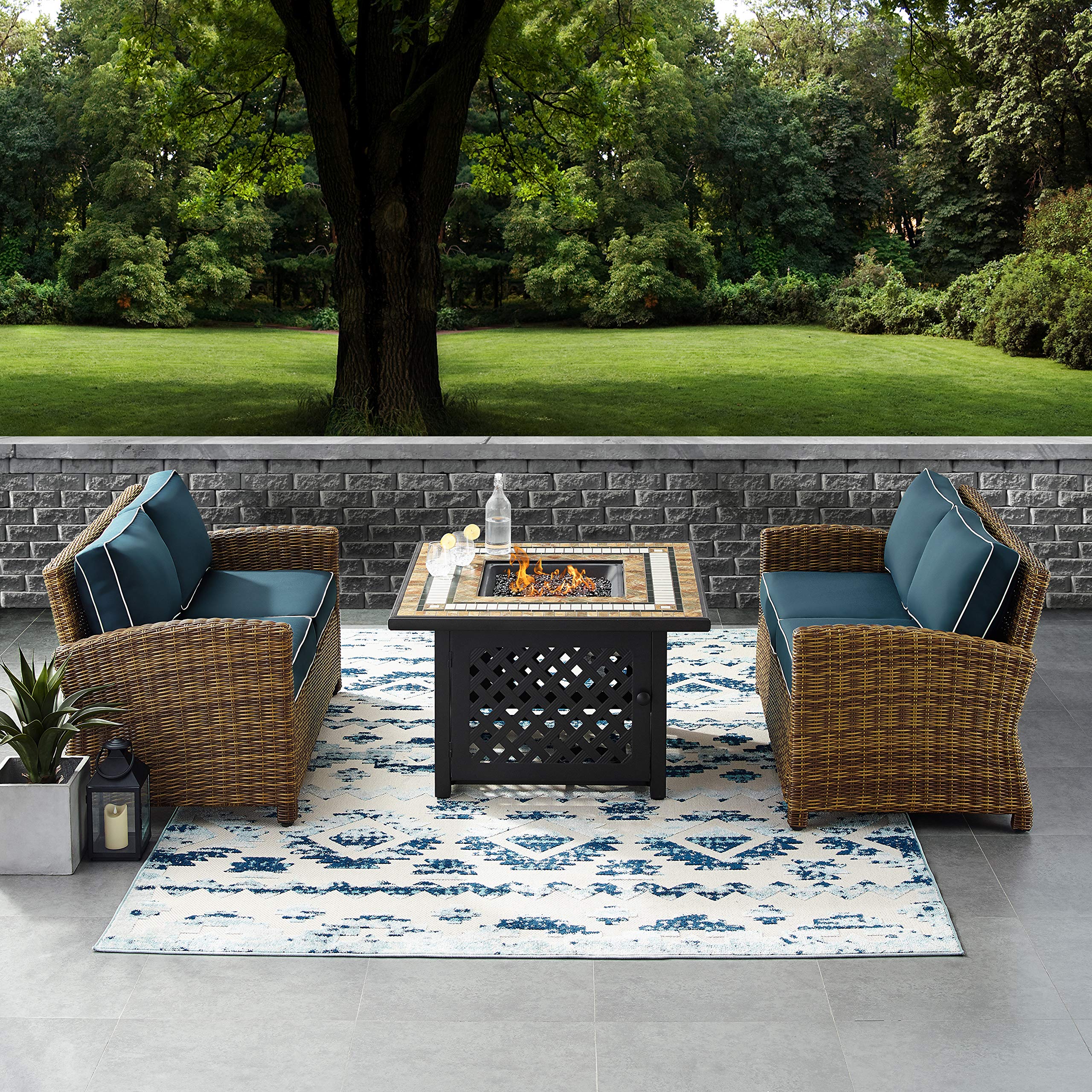 Crosley Bradenton 3-Piece Wicker Outdoor Loveseat Set with Gas Fire Pit Table & Navy Cushions - Brown Patio Furniture for Garden, Backyard, and Poolside Relaxation