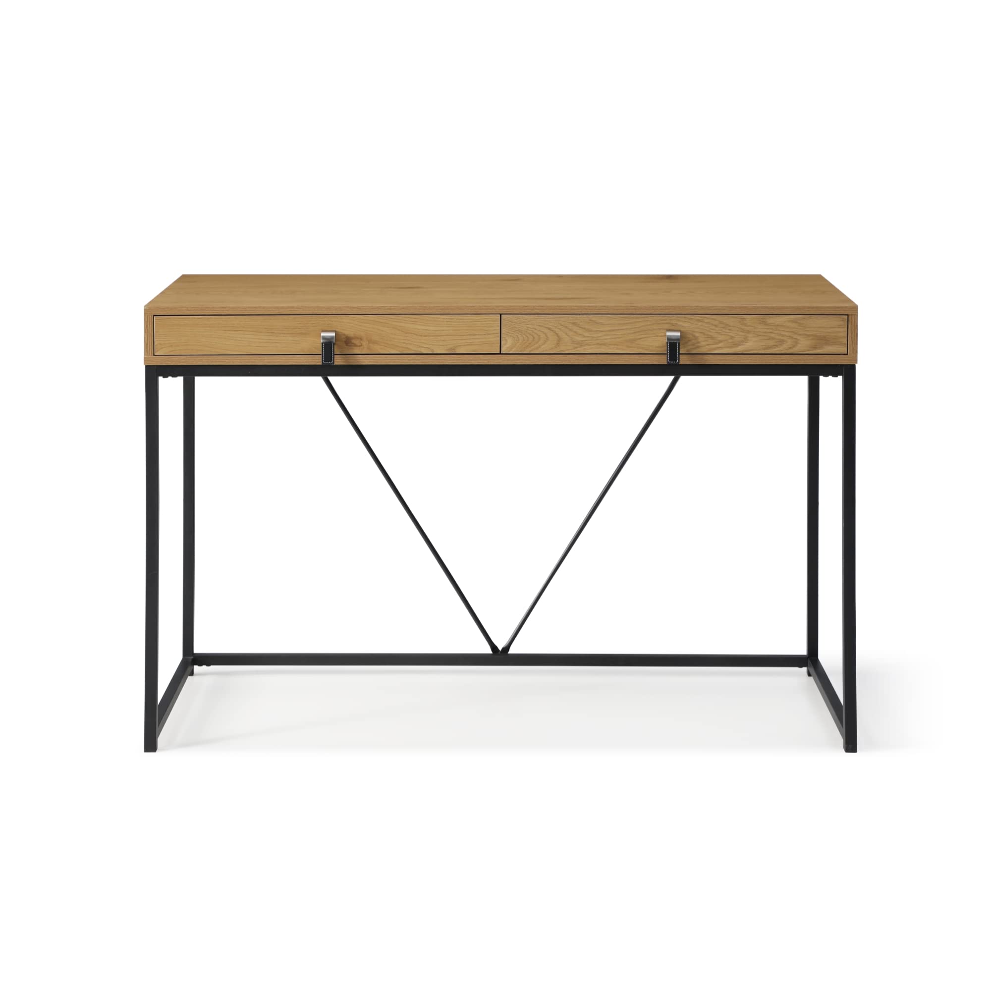 Scarlette Writing Desk with 2 Storage Drawers & Leather Handles - Natural/Black Finish | Home Office Furniture for Small Spaces, Study Desk for Students & Remote Workers