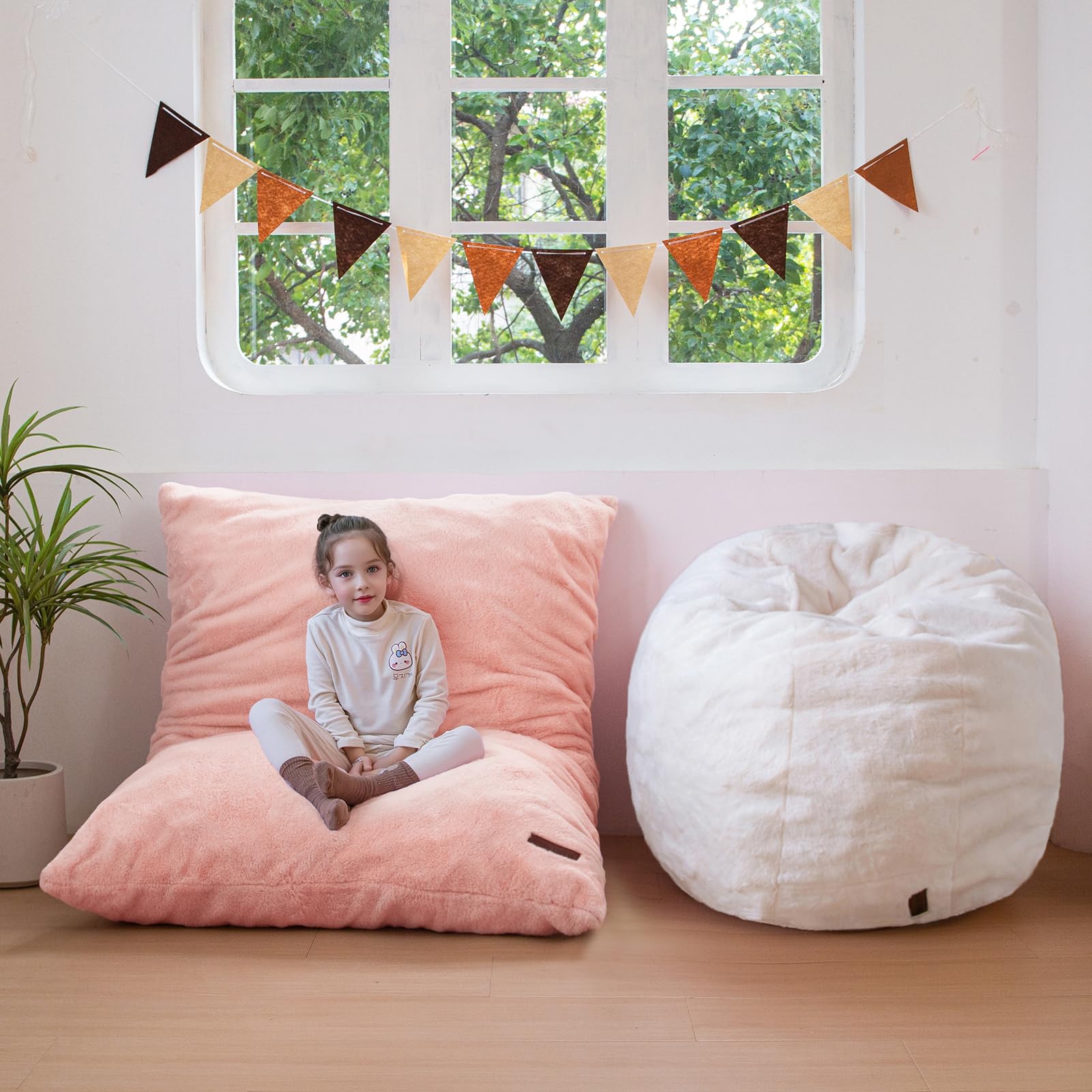 MAXYOYO 3-in-1 Kids Bean Bag Chair Bed - Convertible Faux Fur Round Floor Sofa for Children | Gaming Chair, Reading Nook & Nap Space | Soft Beige Comfort for Playroom, Bedroom & Dorm (Machine Washable)
