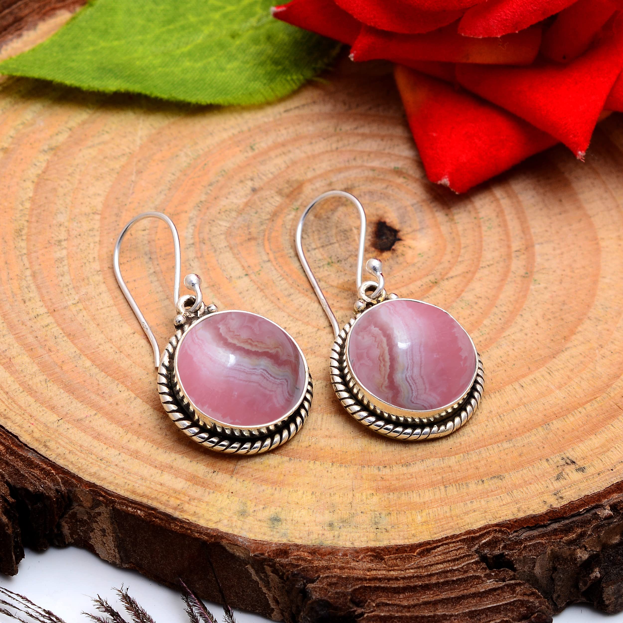 Veracity Jewelry 925 Sterling Silver Rhodochrosite Earrings for Women - Handmade Pink Red Gemstone Dangle Earrings (VSE-250) - Perfect for Date Night, Wedding & Special Occasions