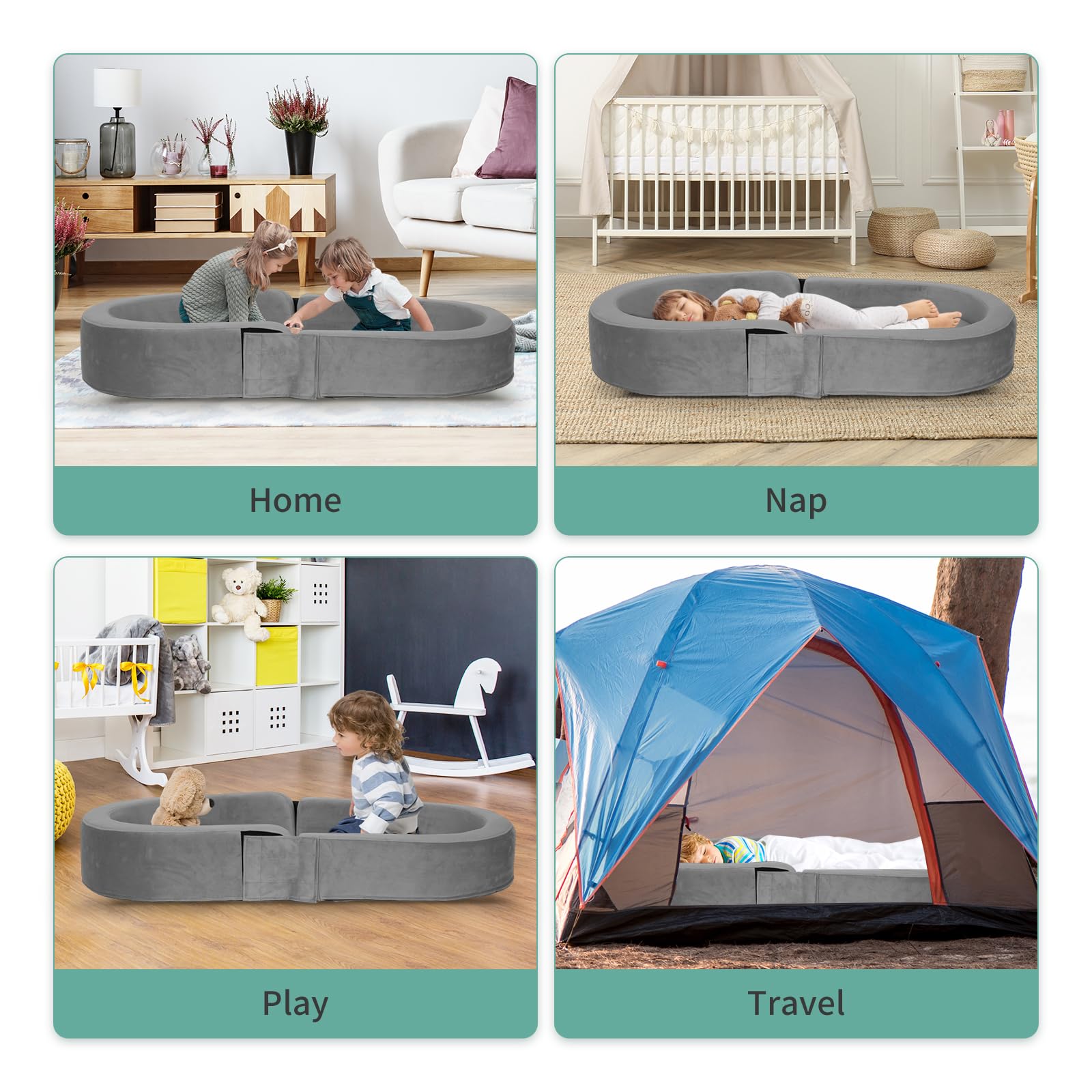 2-in-1 Toddler Travel Bed & Chair - Portable Foldable Baby Bed for Kids 18 Months to 6 Years - Removable Washable Cover (Gray) - Perfect for Camping, Airplane Travel & Sleepovers