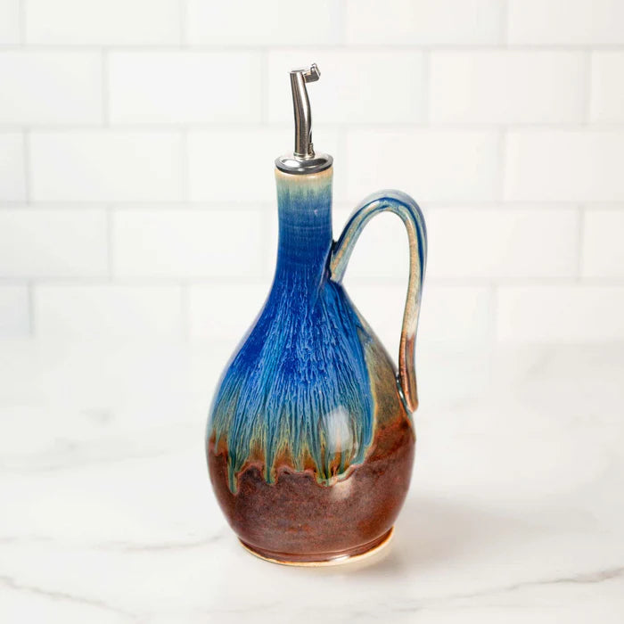Blanket Creek Pottery Amber Blue Oil Bottle - Premium Glass Olive Oil Dispenser for Kitchen, Dining & Gifting - Perfect for Salad Dressing, Cooking & Home Decor