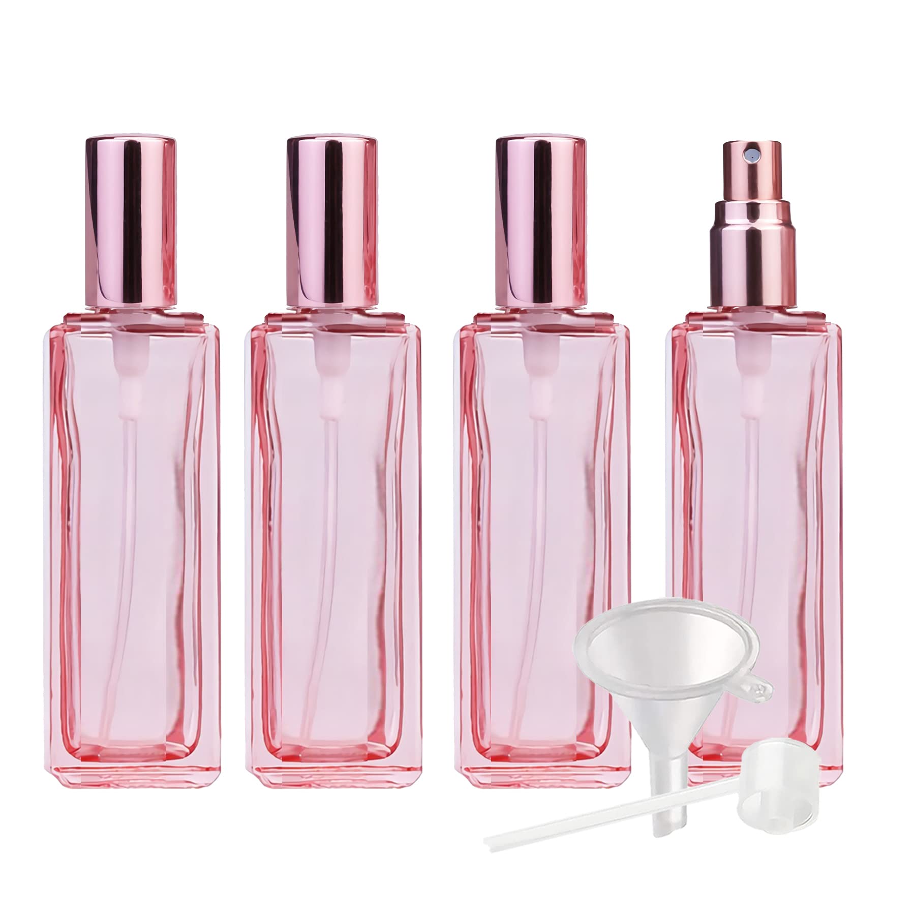 4 Pack Pink 30ml Travel Perfume Spray Bottles - Portable Square Glass Atomizer with Pink Lids, Refillable Perfume Container for Women, Perfect for Purse, Gym Bag & Everyday Carry (Fragrance, Essential Oils)