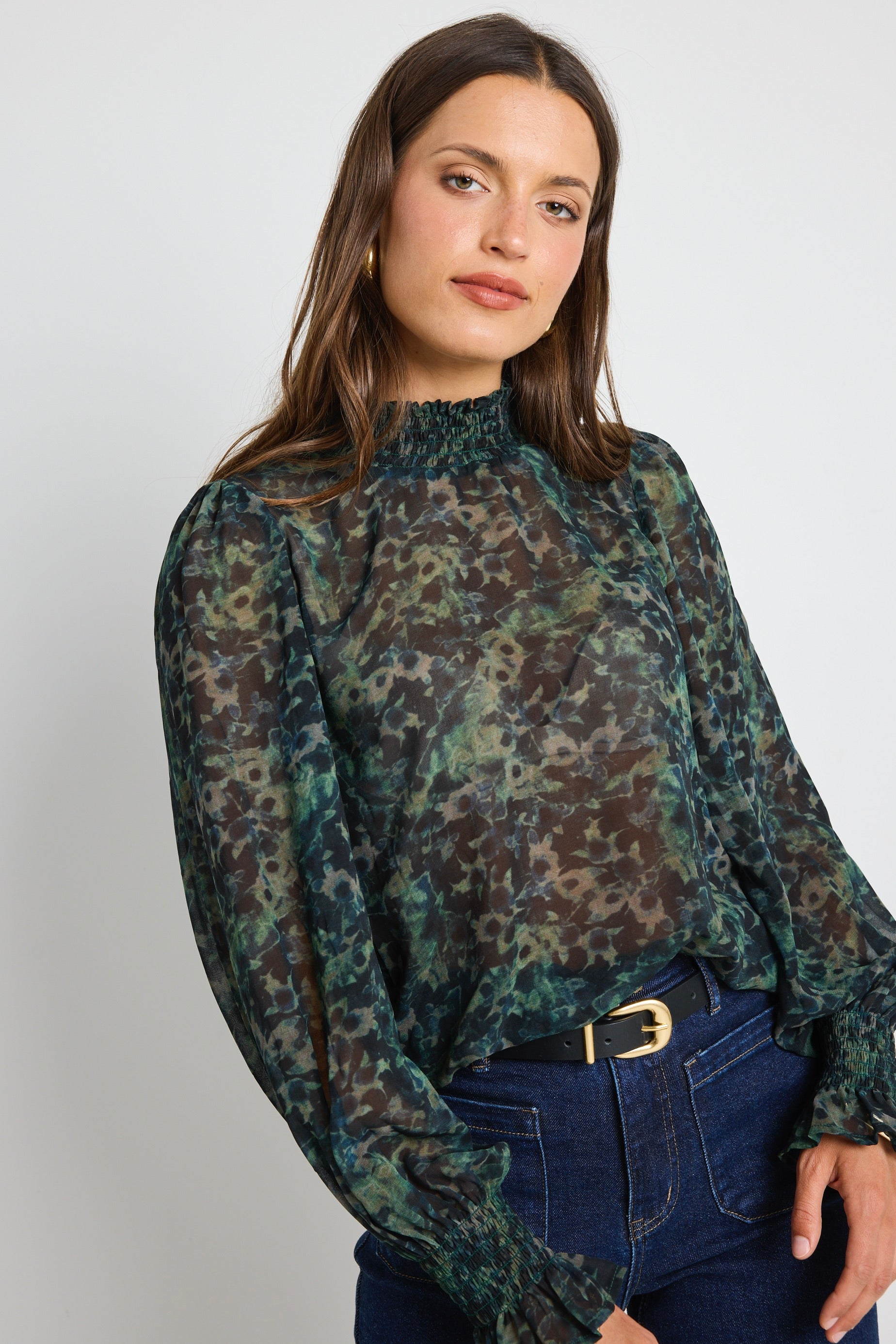 Emphatic Khaki Ditsy Print Shirred Neck Long Sleeve Top for Women | Casual Chic Blouse for Everyday Wear & Date Nights