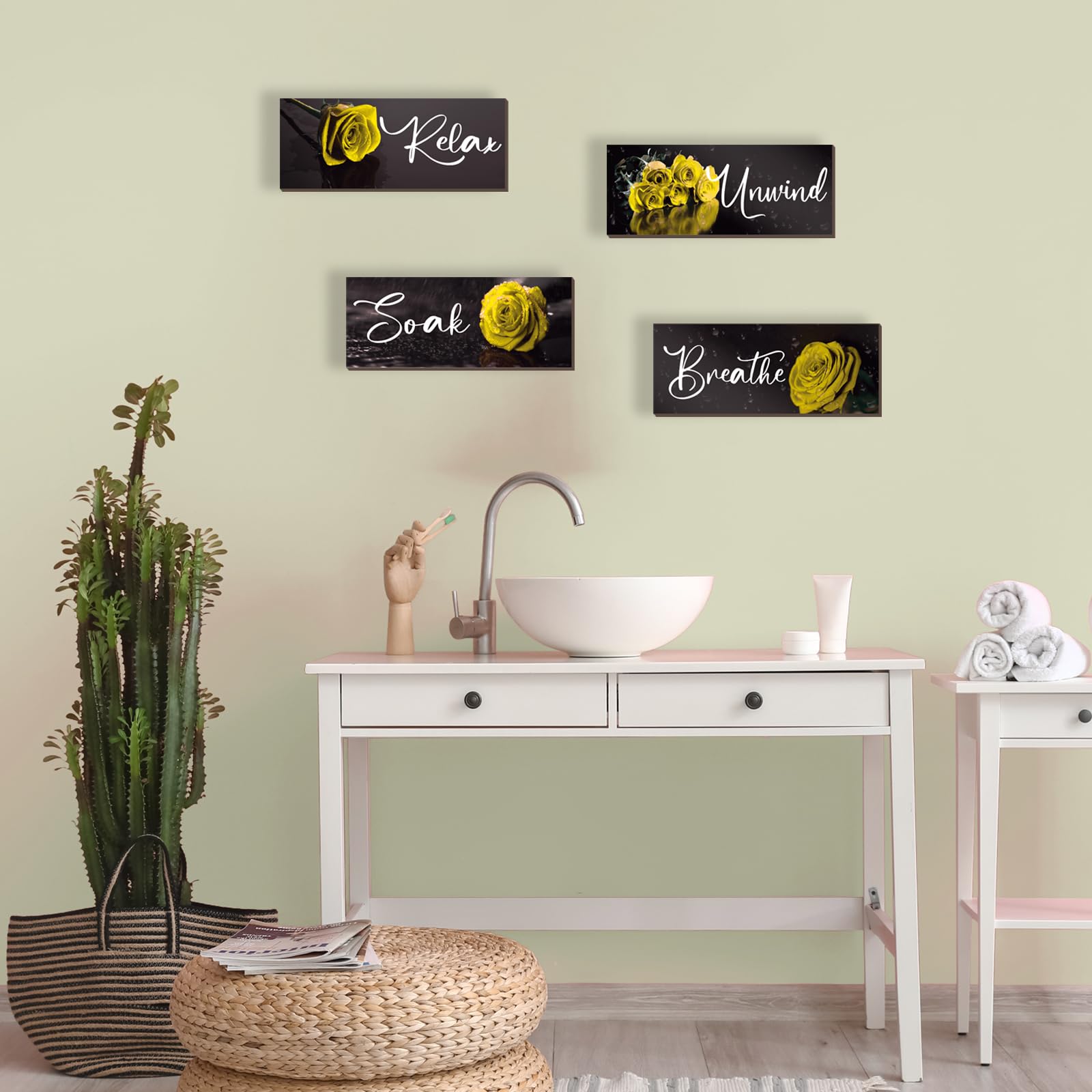 4Pcs Yellow Rose Wall Decor - Wooden Bathroom Accessories Set with 