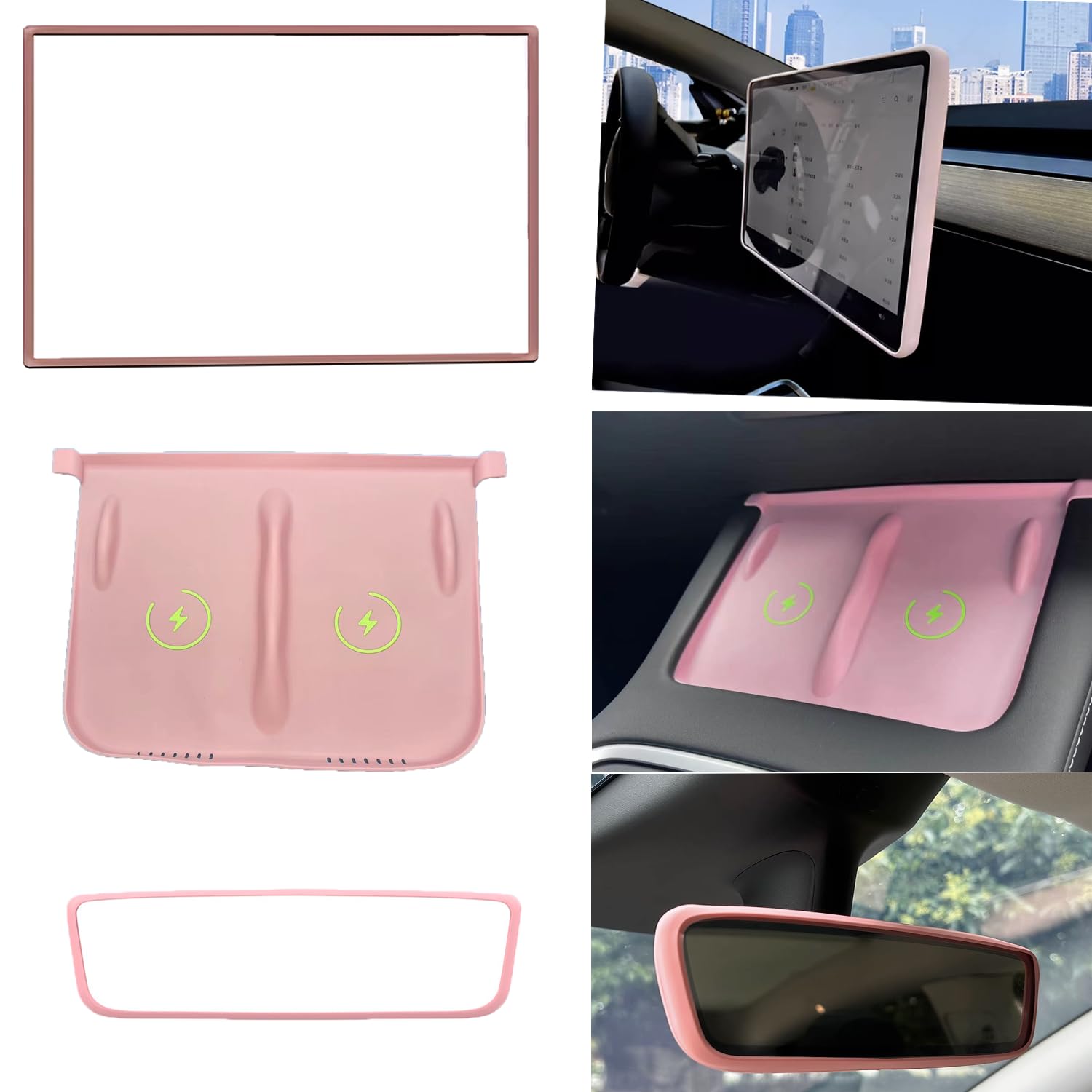 3 in 1 DIY Silicone Pad Set for Tesla Model 3/Y (2021-2023) - Non-Slip Wireless Charging Pad, Screen Protector Frame & Rear View Mirror Cover | Premium Center Console Accessories for Safe Driving & Phone Protection