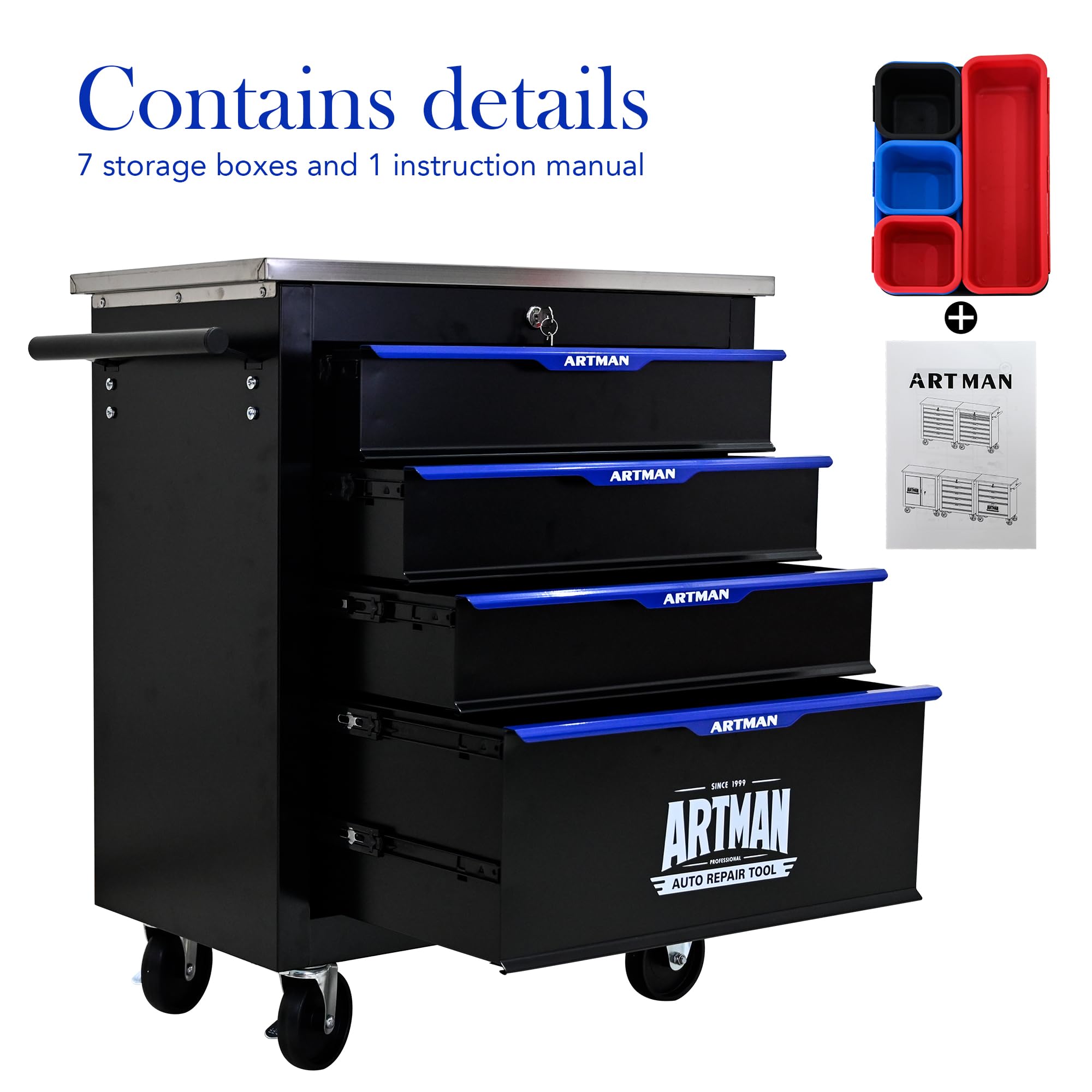 4-Drawer Rolling Tool Chest - Heavy Duty Metal Tool Storage Cabinet with Wheels, 7 Storage Boxes & Organizer for Garage, Workshop, Auto Repair & Home DIY Projects