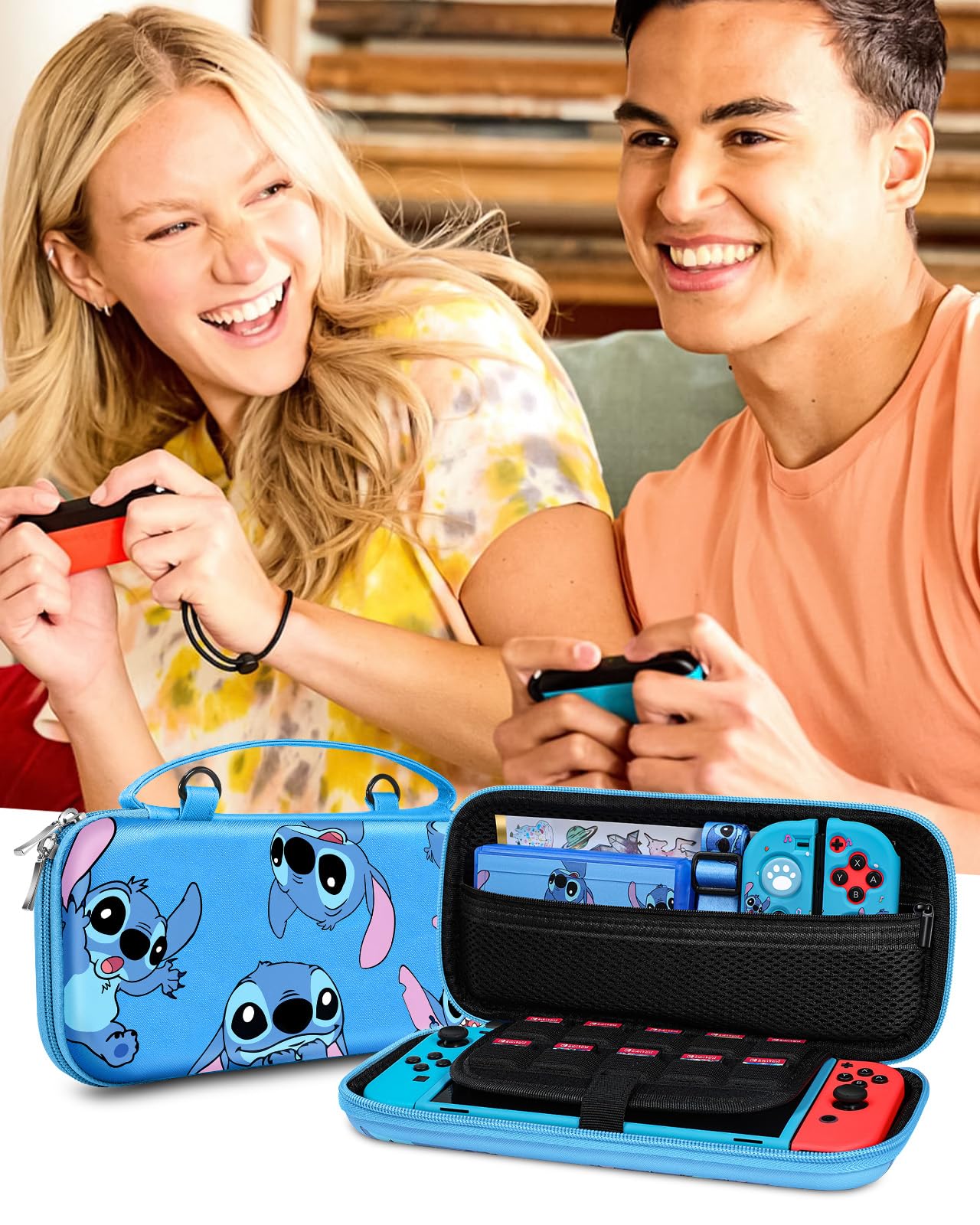 Xinocy 9-in-1 Nintendo Switch OLED Accessories Kit with Travel Case, Protective Cover, Game Holder, Joycon Shells & Thumb Grips - Perfect for Gaming On-The-Go, Travel Protection & Kids Gift (Pink/Blue)