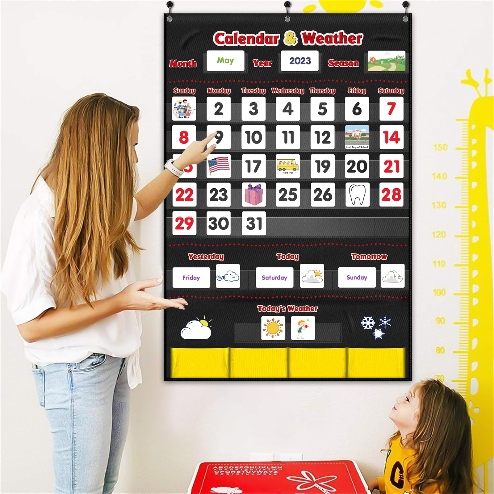 Godery Calendar and Weather Pocket Chart - 149 Pieces Classroom Organization Tool for Teachers (Black) | Perfect for Daily Schedule, Weather Tracking & Student Activities in Preschool & Elementary School