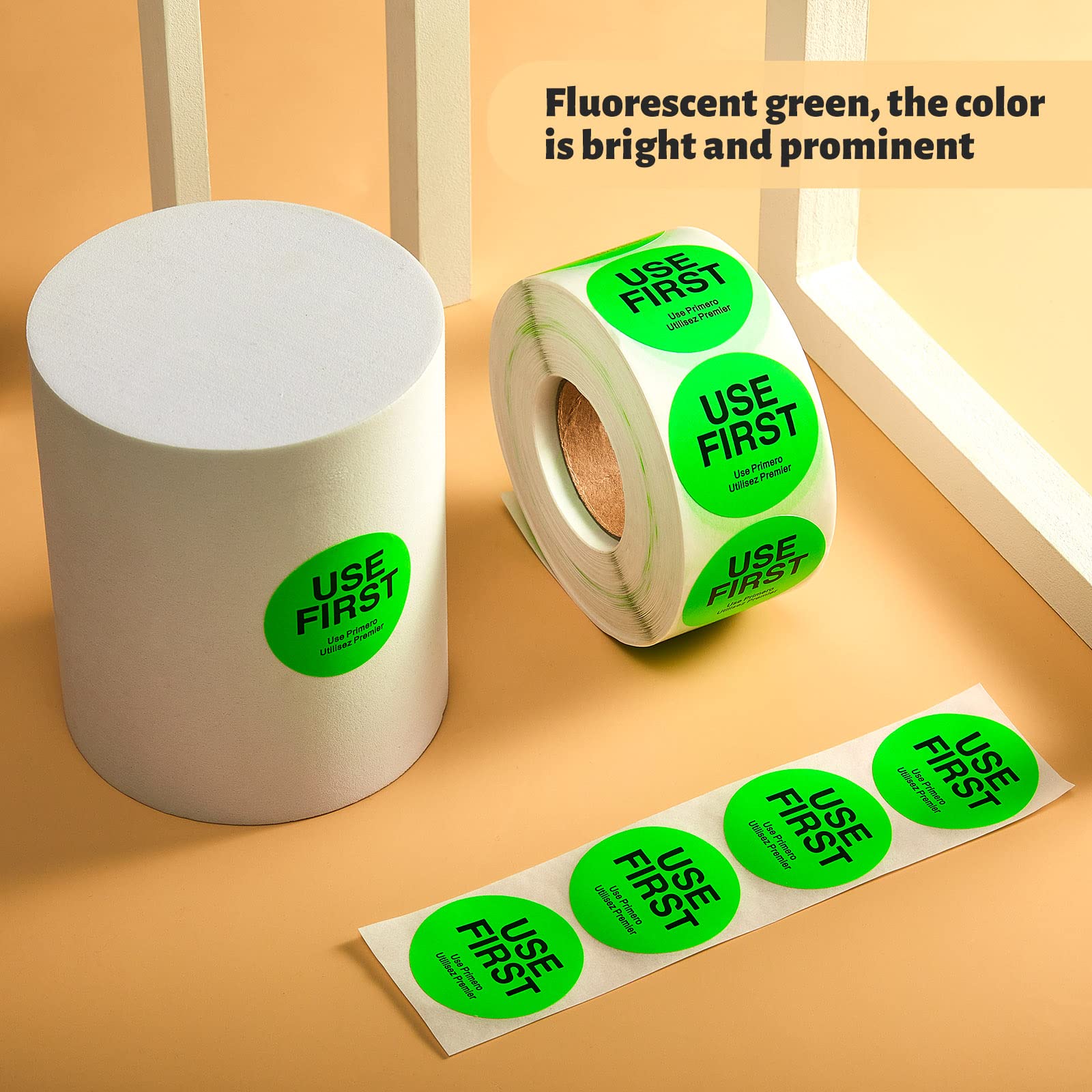 1000 Pcs Removable Fluorescent Food Labels - 1.5 Inch Circle Waterproof Adhesive Stickers for Kitchen, Restaurant & Food Containers - Day Use First Stickers (Green, Trilingual) - Perfect for Meal Prep, Leftovers & Pantry Organization