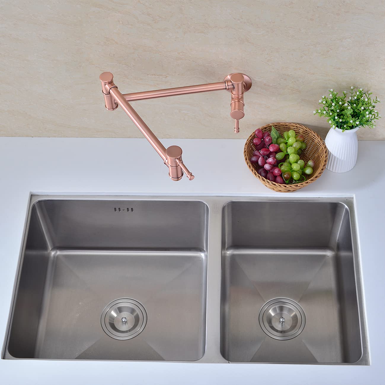 Wall Mounted Pot Filler Faucet - Red Copper Swing Arm with Double Joint & Two Brass Handles - Stretchable Folding Kitchen Faucet for Easy Cooking & Large Pots - Perfect for Home Chefs & Professional Kitchens