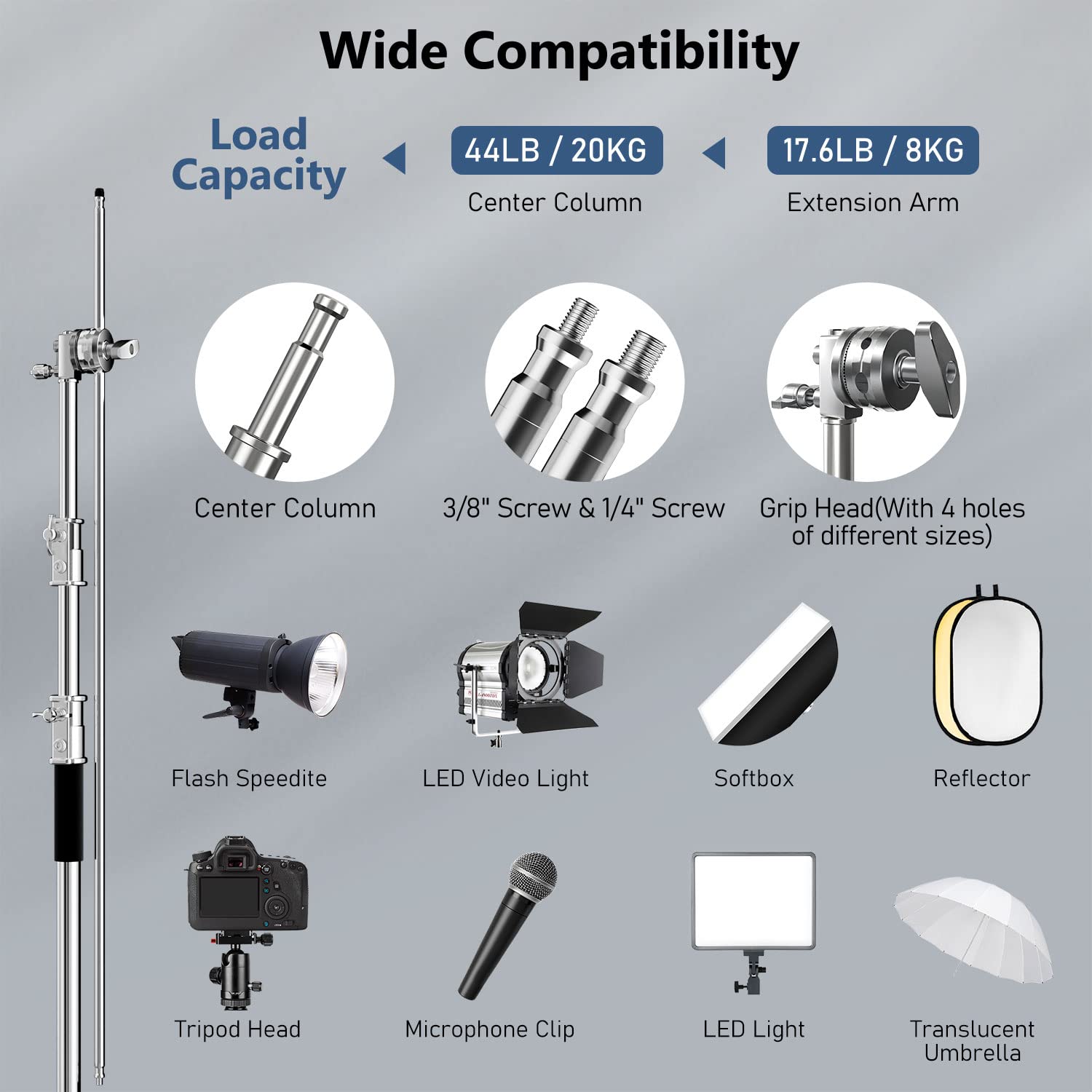 Heavy Duty Photography C Stand with Boom Arm - 100% Stainless Steel, Max Height 10.5ft/131in, Professional Light Stand for Studio, Video & Photography (1 Pack) - Perfect for Film Sets, YouTube Videos & Product Photography