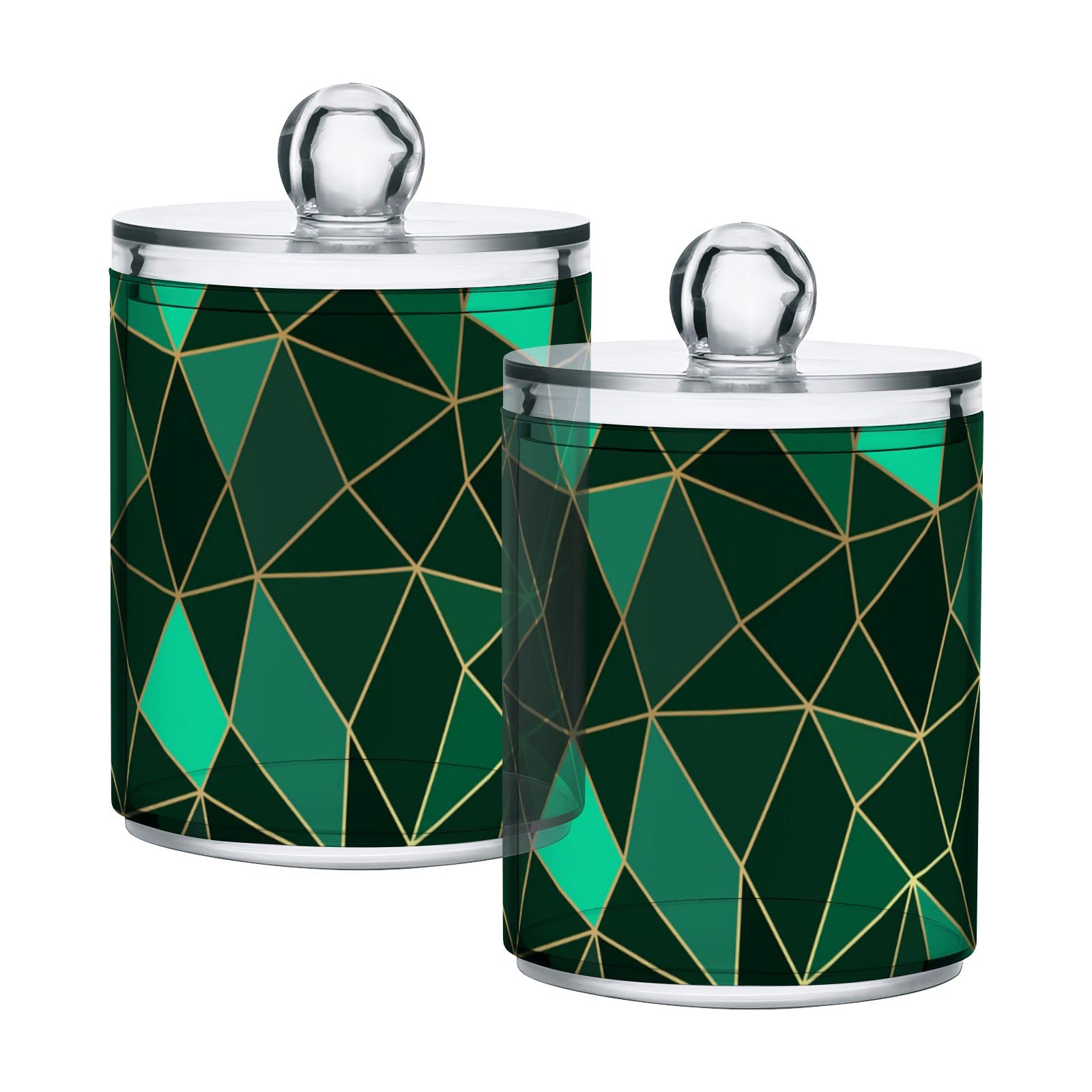 Emerald Geometric Diamond Luxury Gold & Green Plastic Storage Jars with Lids (Set of 4) - 10oz Translucent Food Containers for Cotton Swabs, Tea, Cookies | Kitchen Pantry Organization, Bathroom Essentials, Home Decor Storage Solutions