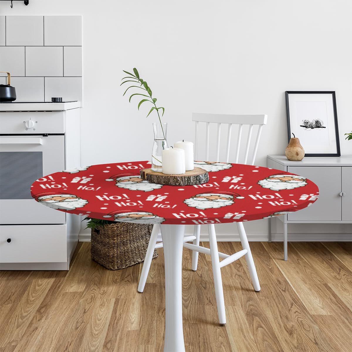 Christmas Red HoHo Santa Claus Round Fitted Tablecloth - Waterproof Elastic Edge Table Cover for 45