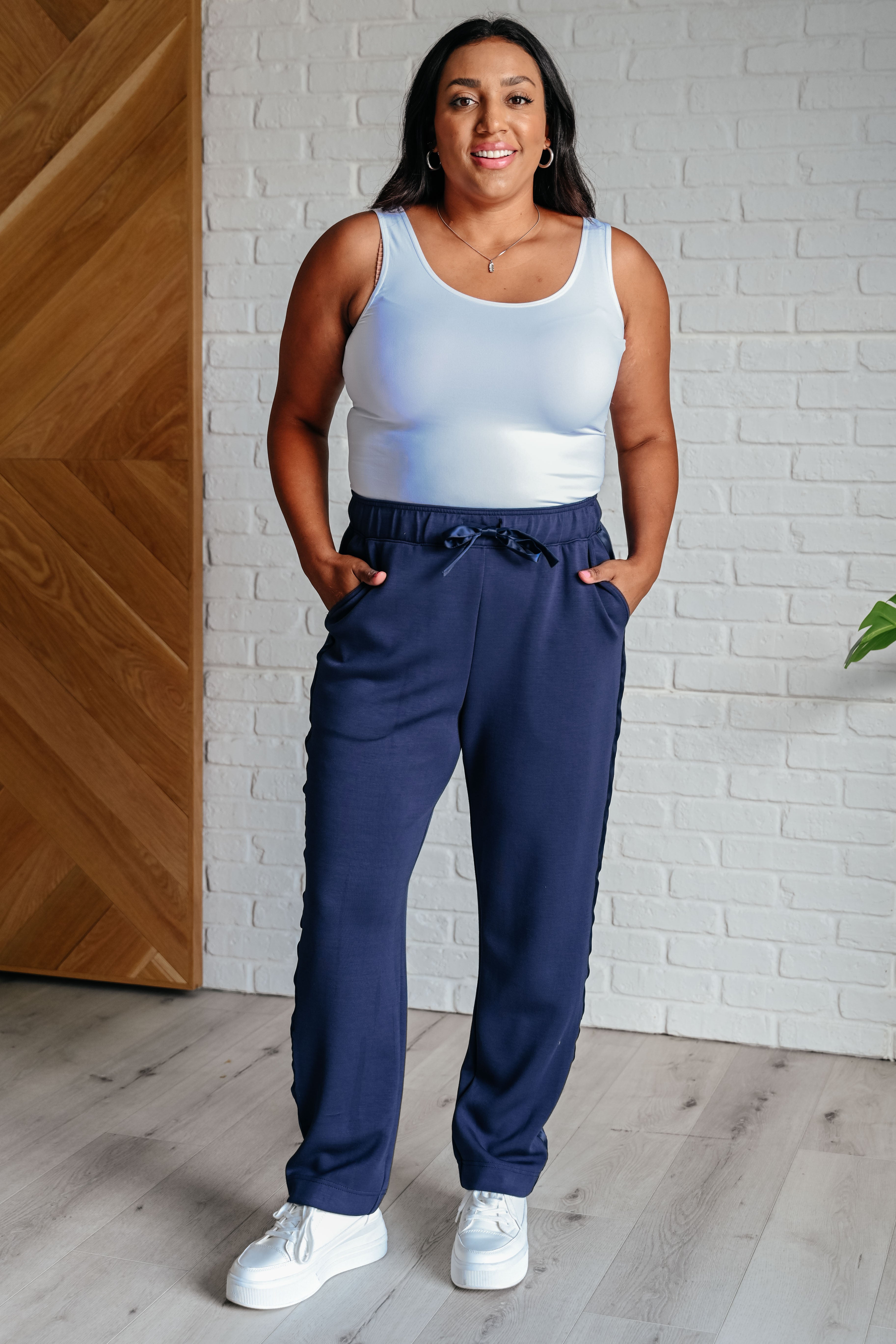 Lysa Women's Satin Striped Lounge Pants - Soft Comfortable Sleepwear & Yoga Pants in Smoky Navy - Perfect for Relaxing at Home, Lounging & Travel