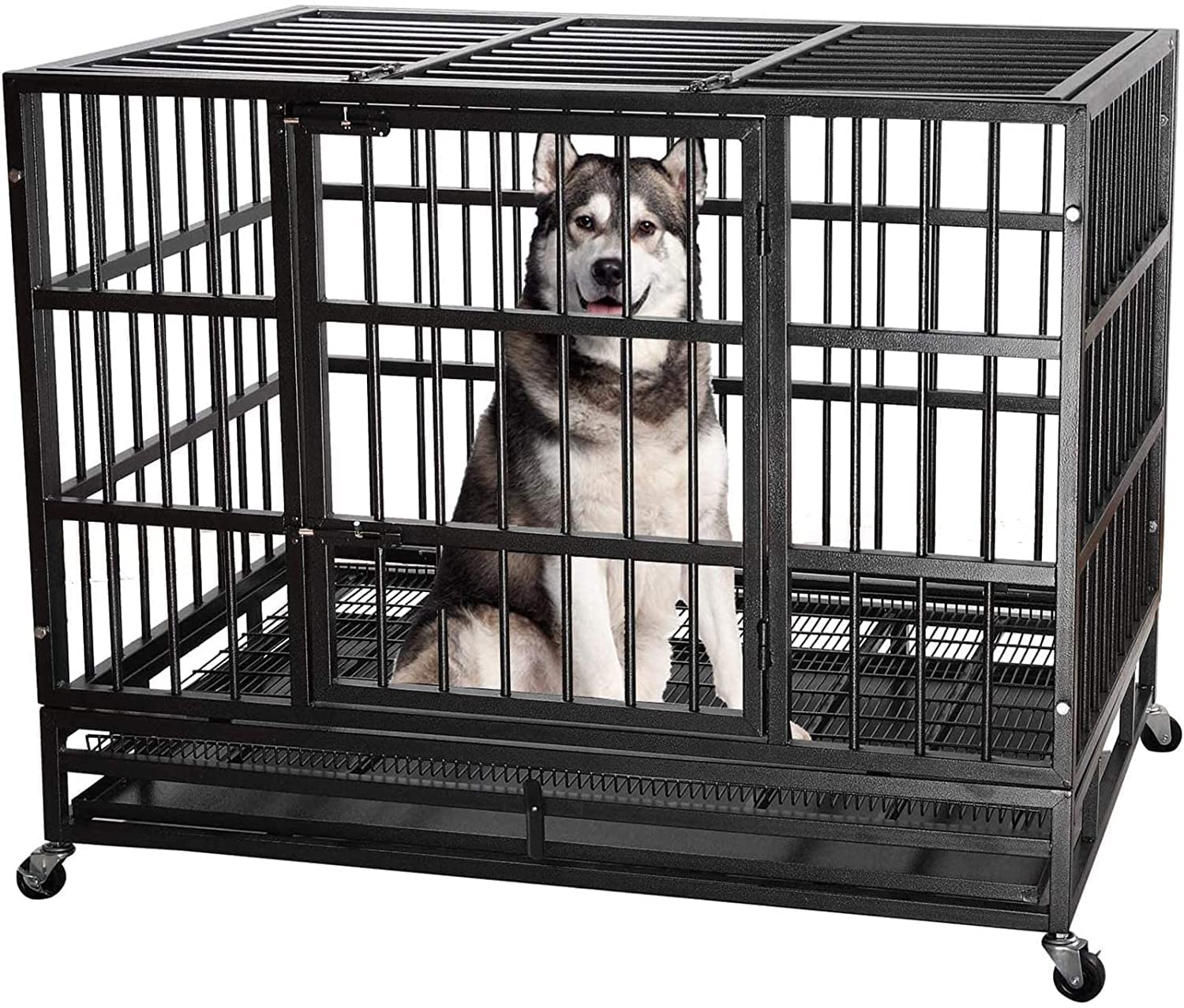 ITORI 48 Inch XXL Heavy Duty Indestructible Dog Crate - Large Dog Cage Kennel with Double Doors & Lockable Wheels for Indoor/Outdoor Use | Perfect for Training, Travel & Home Security | Includes Removable Tray & Locks