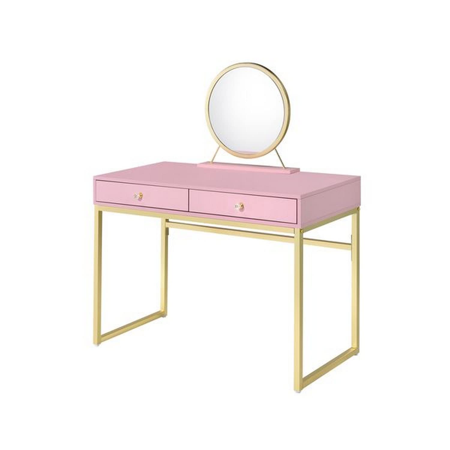 Elegant Pink and Gold Vanity Desk with Removable Mirror & Open Metal Frame - Perfect for Bedroom Makeup & Dressing Table Organization