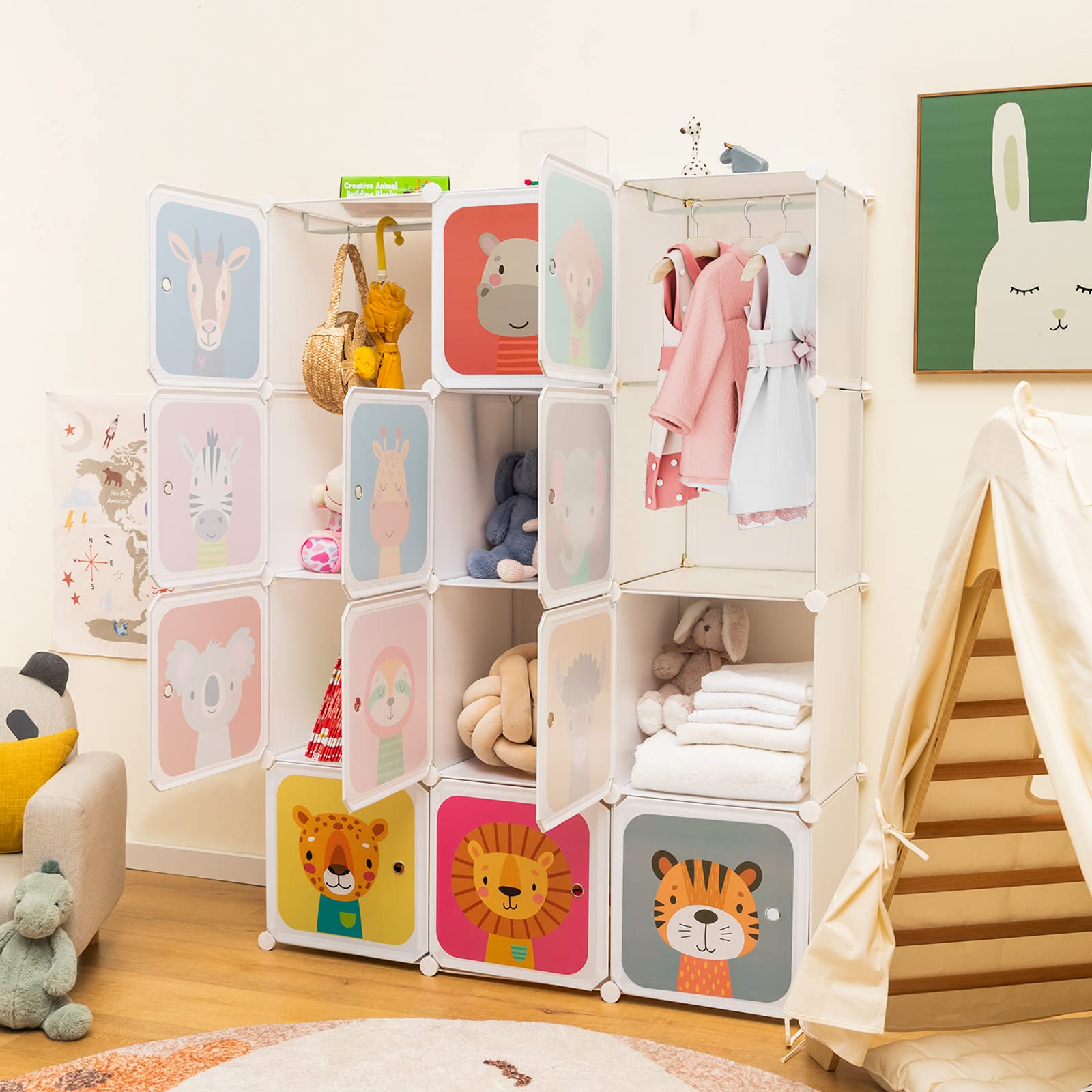 **HONEY JOY Kids Wardrobe Closet - 12-Cube & 2-Hanging Section Baby Clothes Organizer, Portable DIY Modular Dresser Cabinet for Boys & Girls (White) - Perfect for Nursery, Bedroom & Playroom Storage**