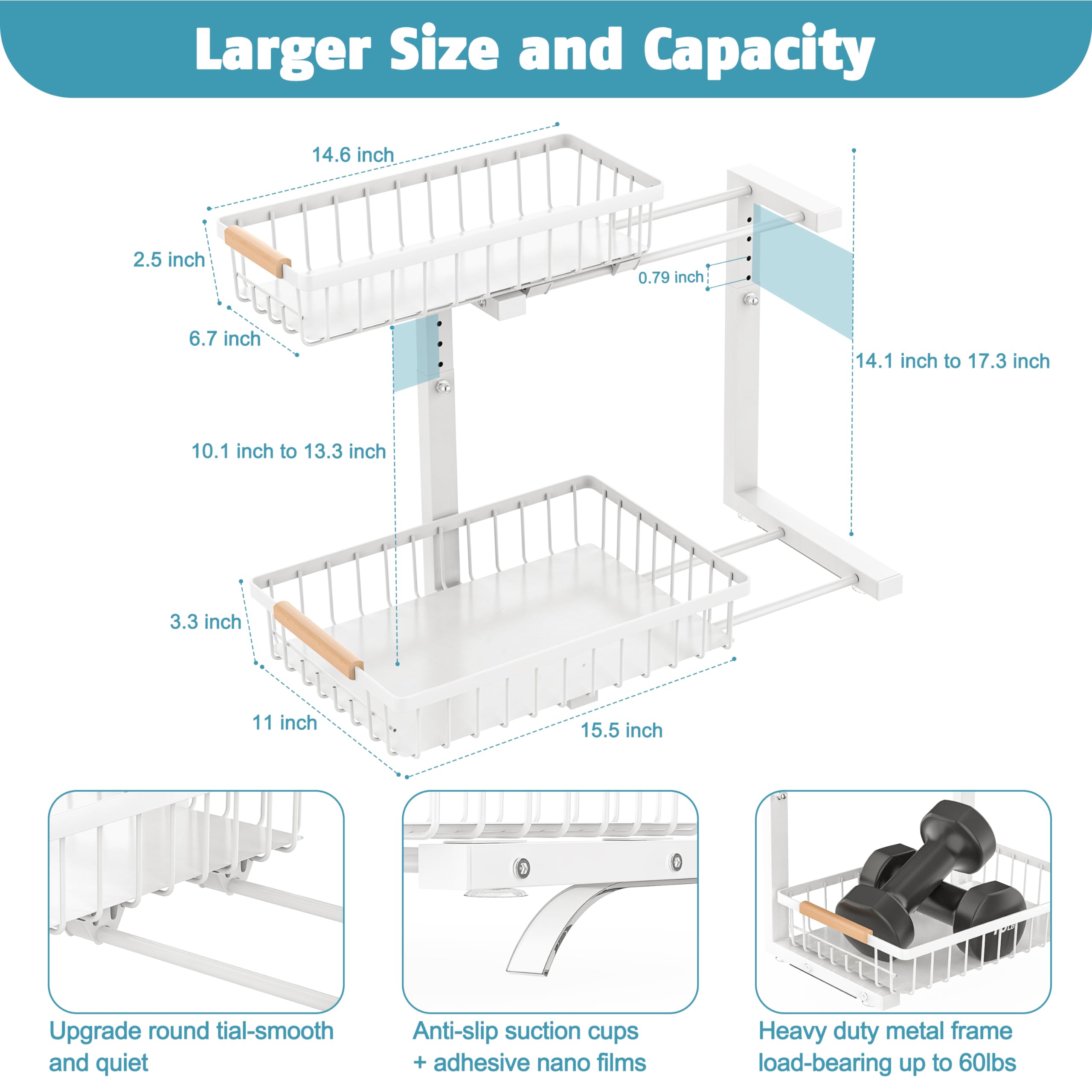 2-Tier Slide-Out Under Sink Organizer - Adjustable Height Pull-Out Cabinet Storage Drawer for Kitchen & Bathroom - Large Capacity Metal Rack Shelf Basket (White) - Perfect for Maximizing Under-Sink Space in Small Kitchens and Bathrooms