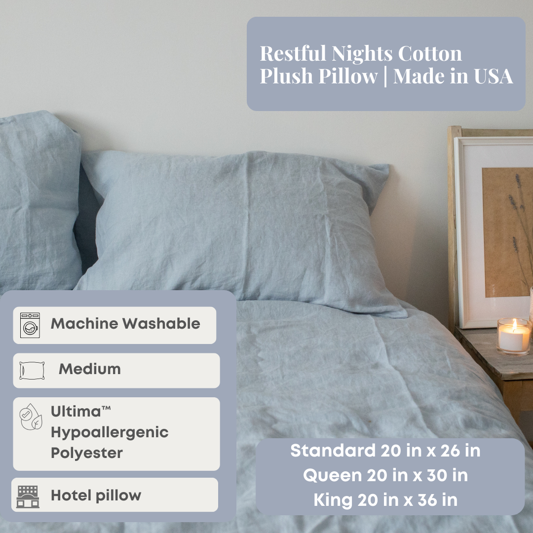 Restful Nights Ultra Soft Cotton Plush Pillow - Hypoallergenic & Breathable for Side Sleepers | Made in USA | Perfect for Bedroom, Guest Room & Travel