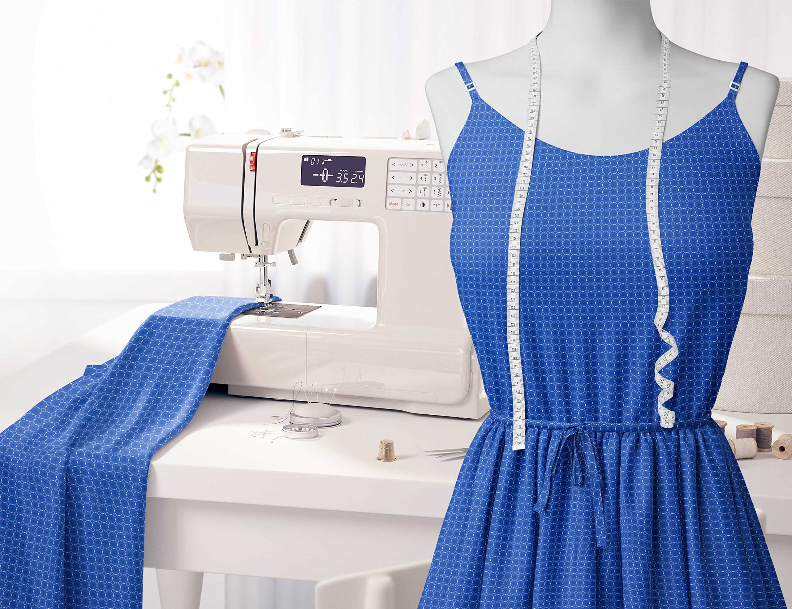 Soimoi Blue Diamond Geometric Print Polyester Crepe Fabric - 52 Inch Wide by The Yard - Elegant & Classic Design for Dresses, Curtains, DIY Crafts & Home Decor
