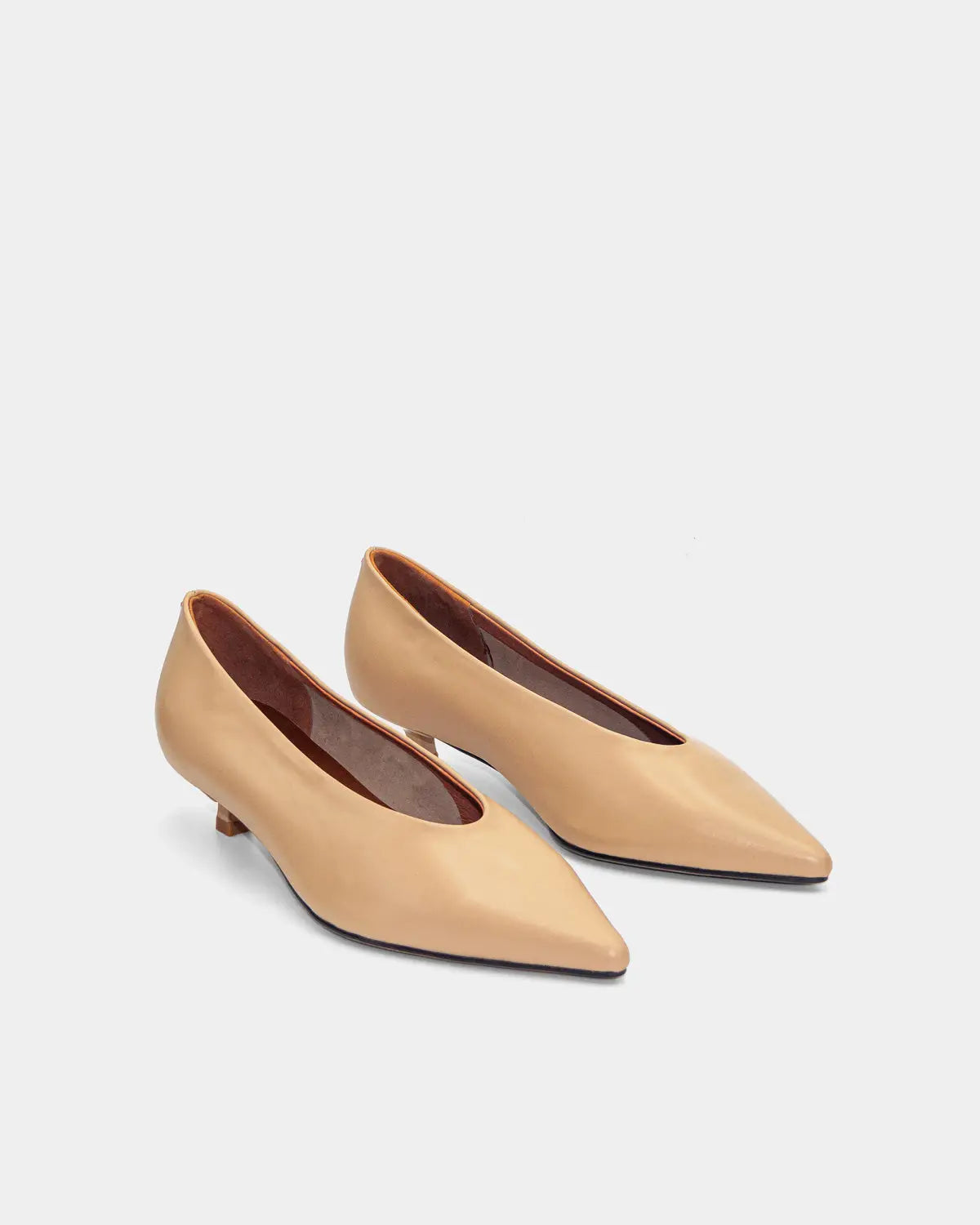 Beige Calfskin Kitten Heel Pumps for Women - Comfortable Low Heel Dress Shoes for Office, Wedding & Evening Events