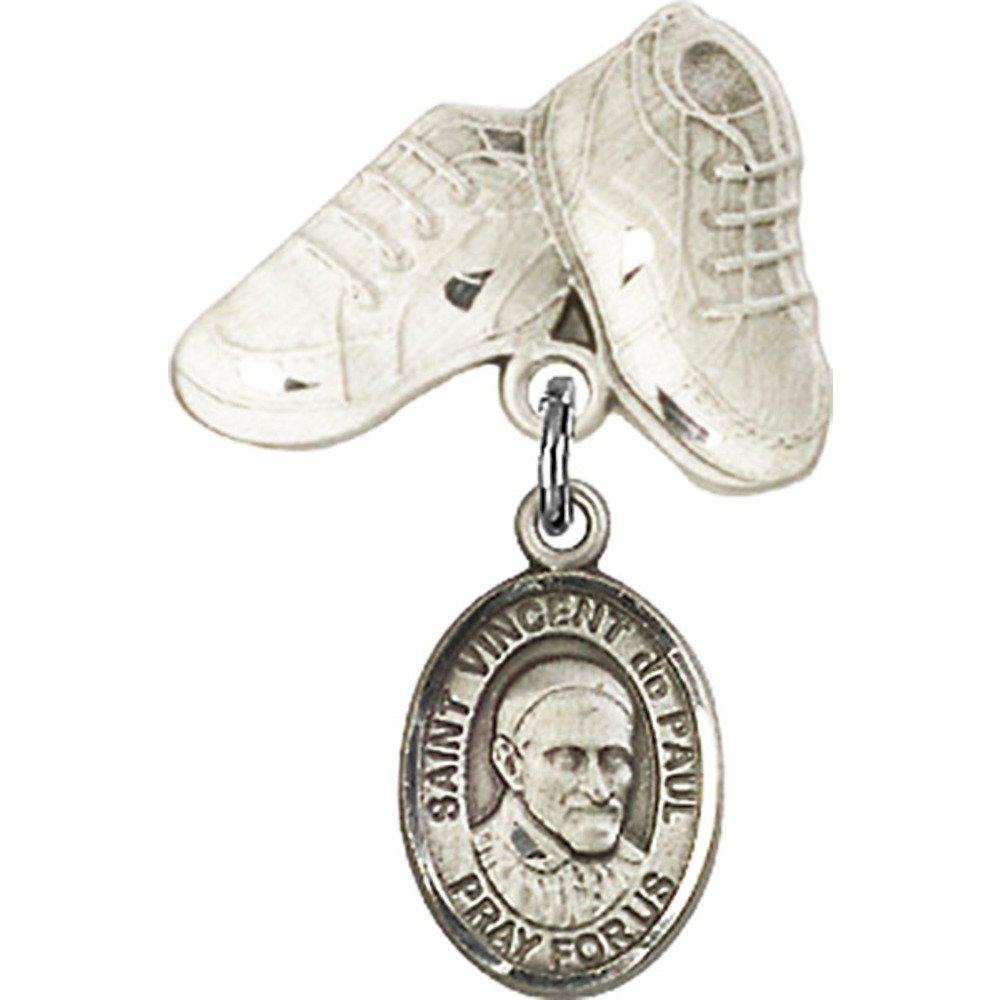 St. Vincent de Paul Sterling Silver Baby Badge with Charm & Boots Pin - 1 X 5/8 Inch - Perfect for Christening Gifts, Baby Baptism Jewelry & Keepsakes