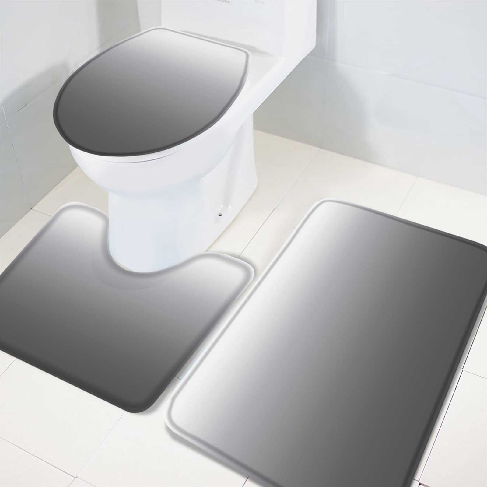 3-Piece Ombre White Gray Non-Slip Bathroom Rug Set - Soft Absorbent Shower Mat, Contour Mat & Toilet Lid Cover - Minimalist Farmhouse Style for Bathroom Safety & Comfort - Perfect for Modern Homes, Apartments & Guest Bathrooms