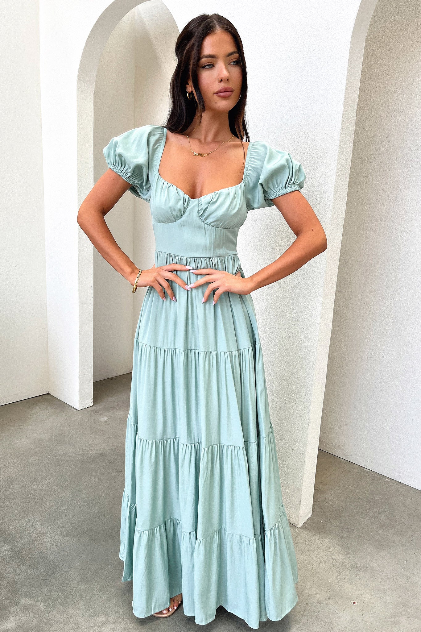 Levona Women's Maxi Dress - Flowy Long Boho Dress with V-Neck & Side Slits, Sage Green - Perfect for Beach Vacations, Summer Outings & Casual Wear