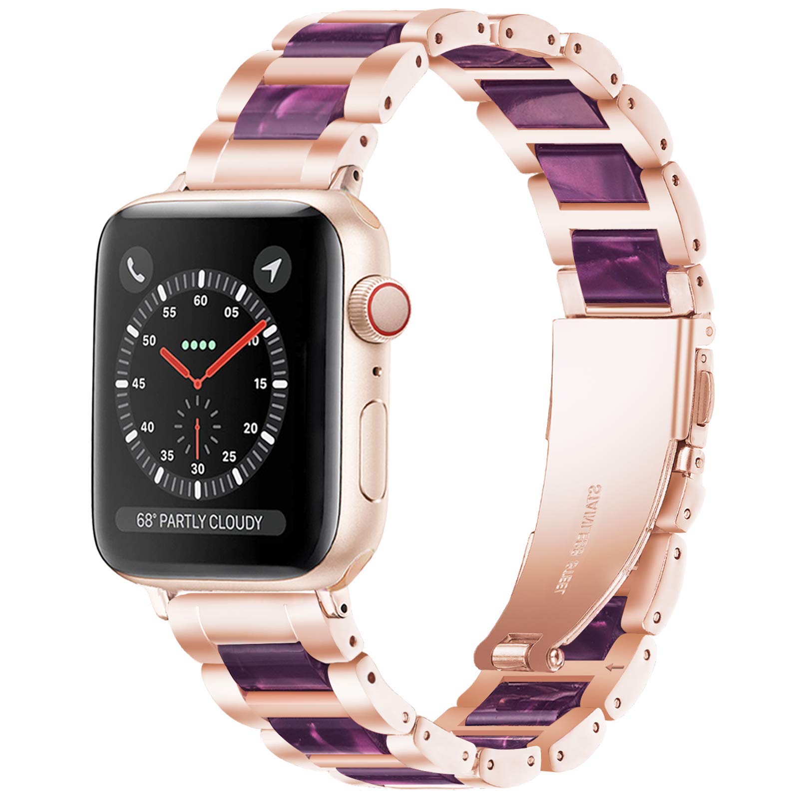 Luxury Light Purple Rose Resin Apple Watch Band with Stainless Steel - Comfortable Strap for Women, Compatible with Apple Watch Series 9/8/7/SE/6/5/4/3/2/1 (38mm/40mm/41mm) - Perfect for Workouts, Office & Everyday Fashion