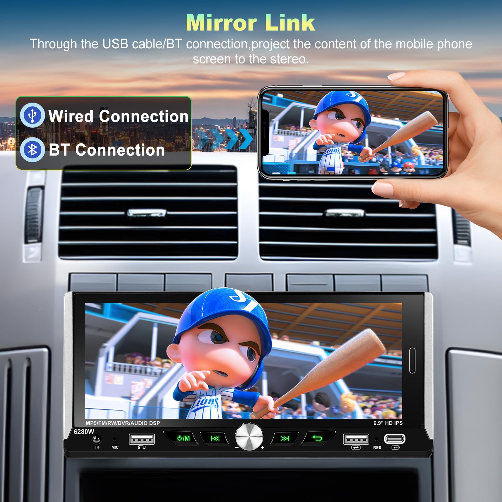 Podofo 6.9 Inch 1 Din Car Stereo with Wireless Apple CarPlay & Android Auto, Bluetooth Receiver, Rearview Camera, Built-in Mic | In-Dash Multimedia Player for Seamless Music Streaming & Hands-Free Calling While Driving