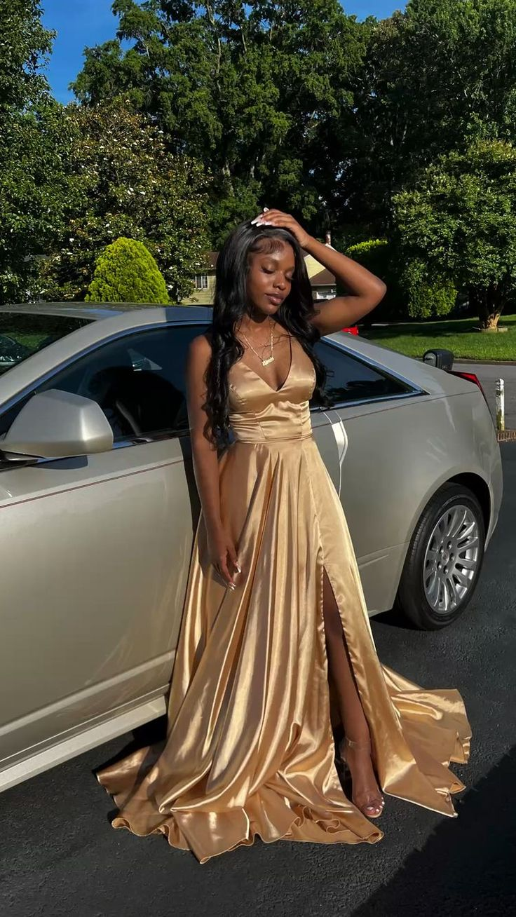 Elegant A-Line V-Neck Gold Long Prom Dress with High Slit - J2621 | Perfect for Homecoming, Formal Dances & Evening Galas