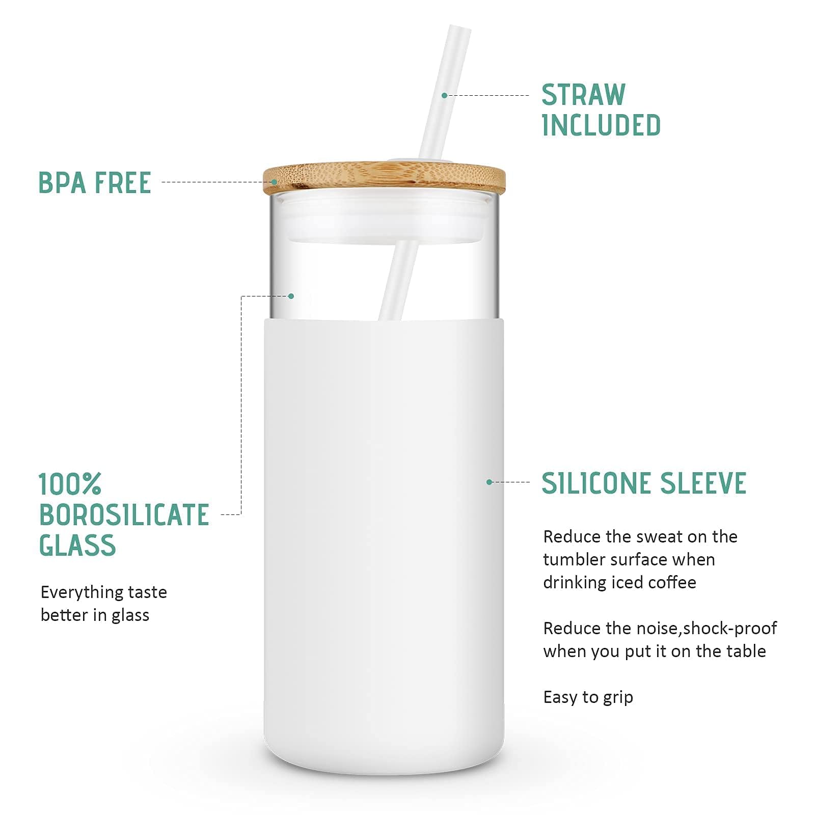 20 oz Glass Tumbler with Bamboo Lid & Silicone Sleeve - BPA Free, Reusable Water Bottle with Straw - 8 Pack Black - Perfect for Home, Office, Gym, and Outdoor Activities