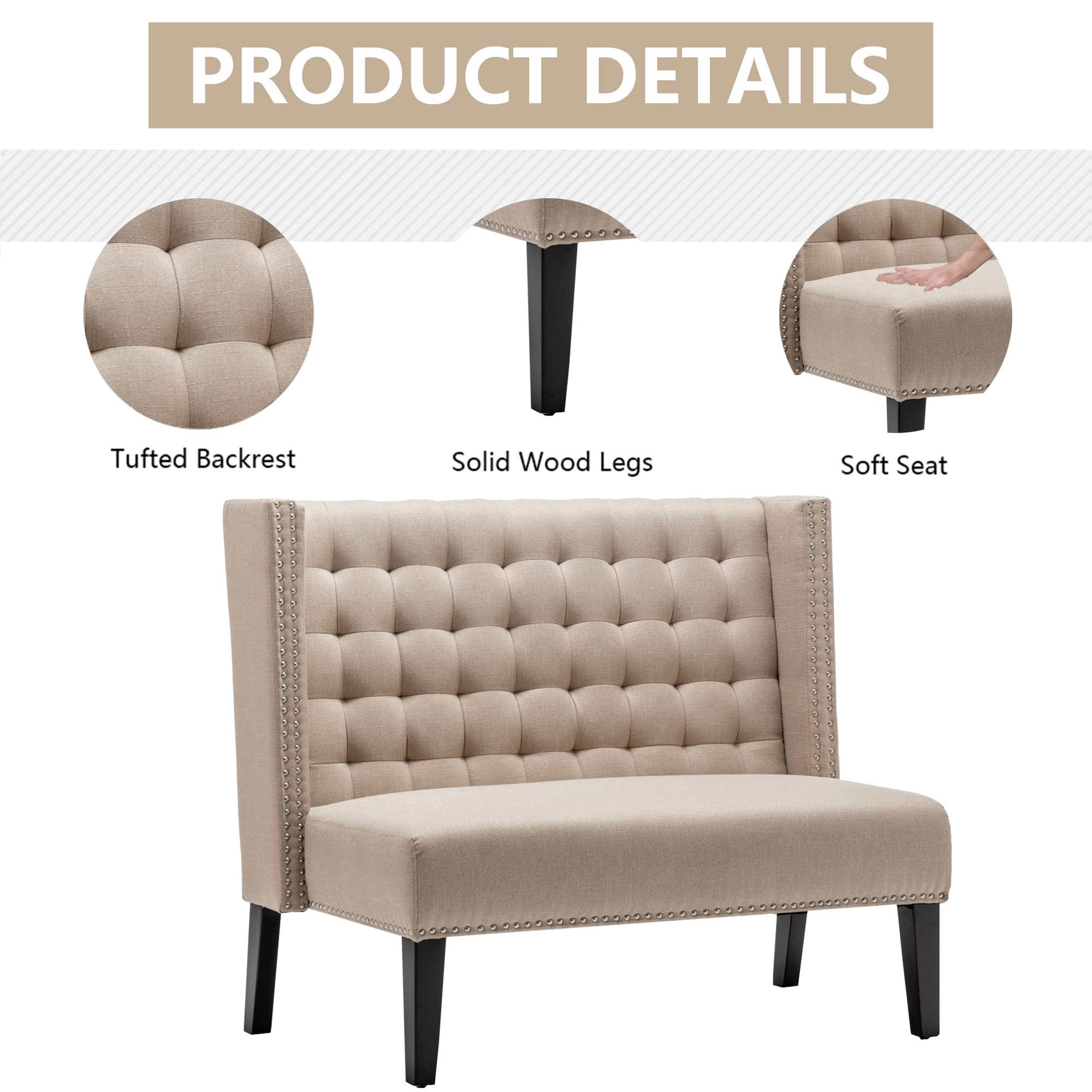 Modern Upholstered Bench with Tufted Back - Wooden Leg Loveseat Settee for Dining Room, Living Room & Entryway - Perfect for Small Spaces, Hallway Seating & Bedroom Decor (Khaki)