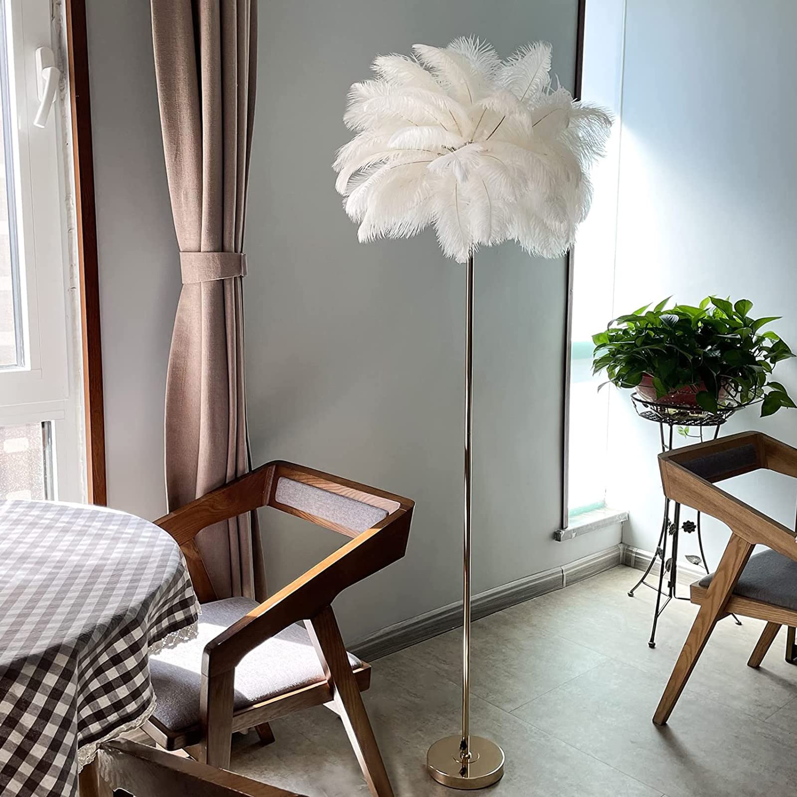 62.99? Natural Ostrich Feather Floor Lamp - Modern Standing Lamp with Golden Base & Dimmable G4-LED Bulb, Foot Switch for Bedroom & Living Room Decor | Perfect for Cozy Reading Nooks & Elegant Home Lighting (White)