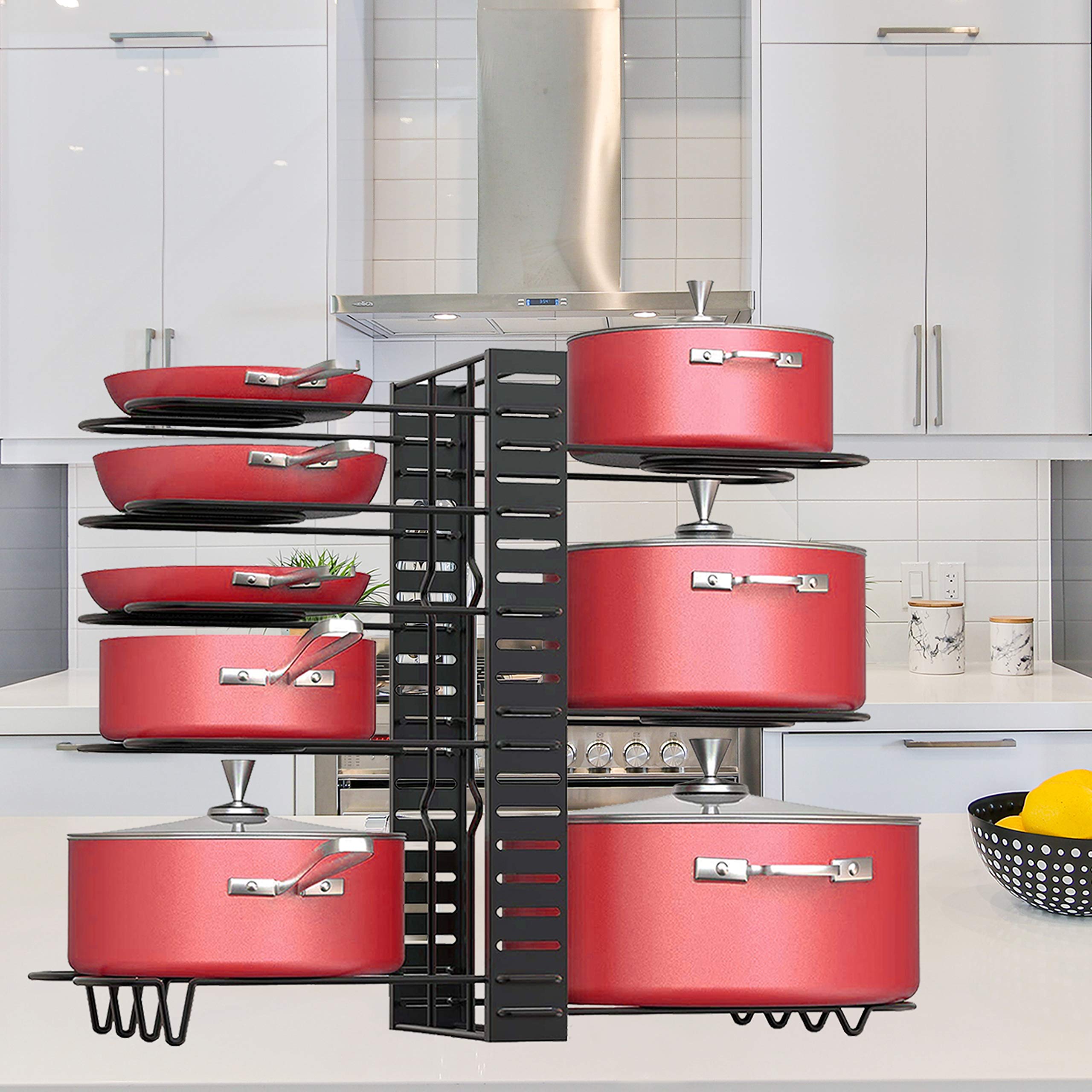 Adjustable 8-Tier Under Cabinet Pot and Pan Organizer - 3 DIY Installation Methods, Enhanced Balance for Kitchen Storage - Perfect for Small Spaces, Apartment Kitchens, and Organized Cooking