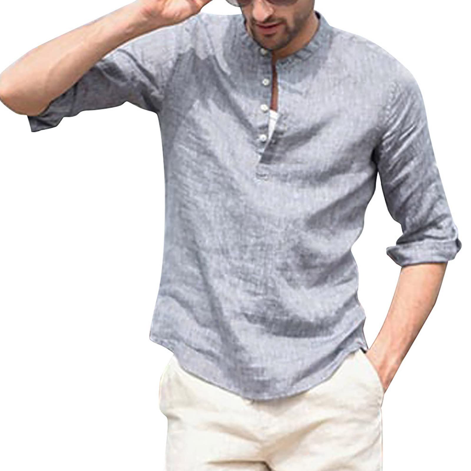 Men's Vintage Linen Short Sleeve Button Down Shirt - Retro Solid Color Casual T-Shirt Top for Summer, Beach & Outdoor Activities