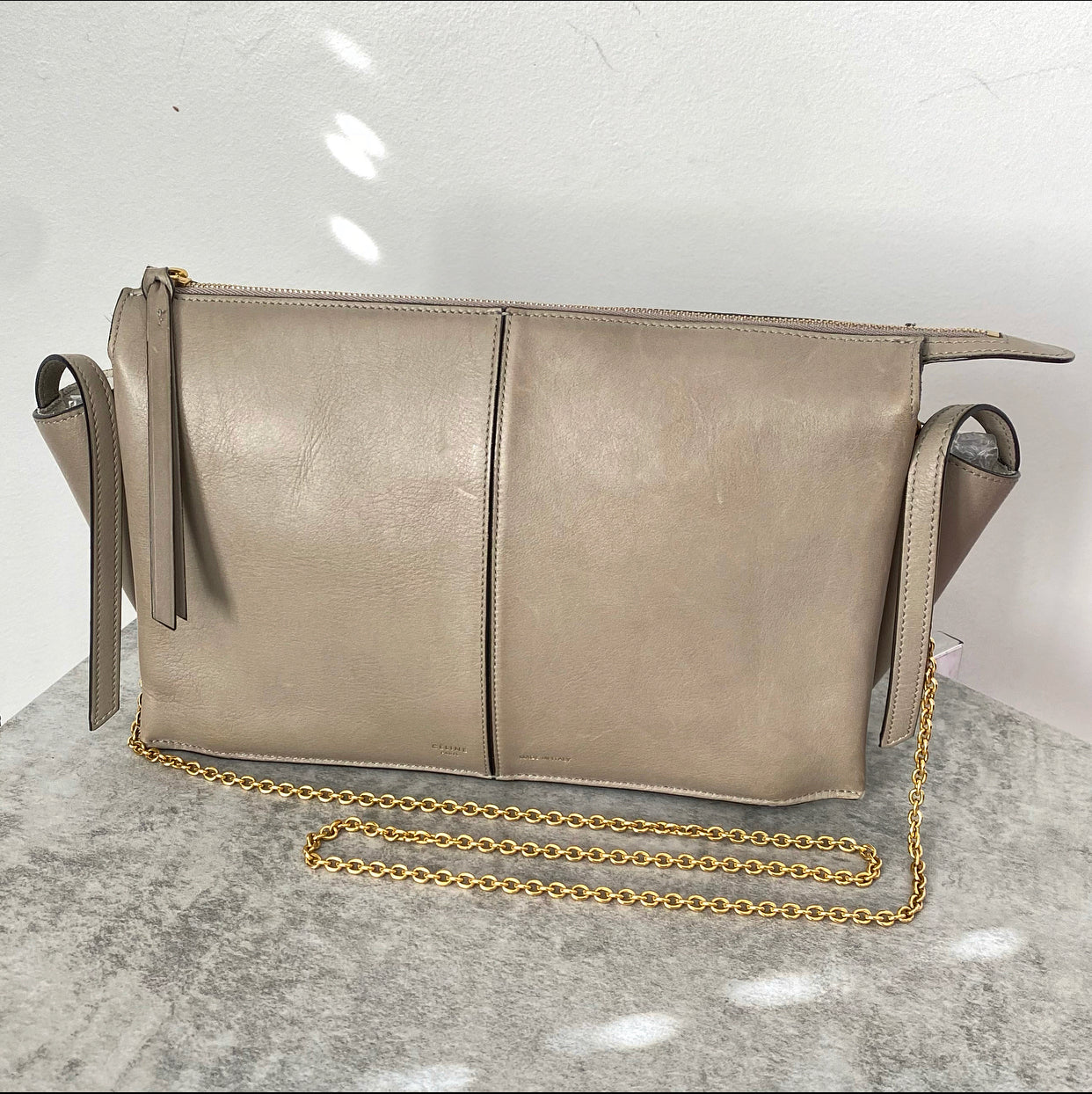Celine Taupe Trifold Clutch Chain Bag for Women | Luxury Leather Crossbody Purse with Gold Chain | Perfect for Evening Parties, Date Nights & Special Occasions