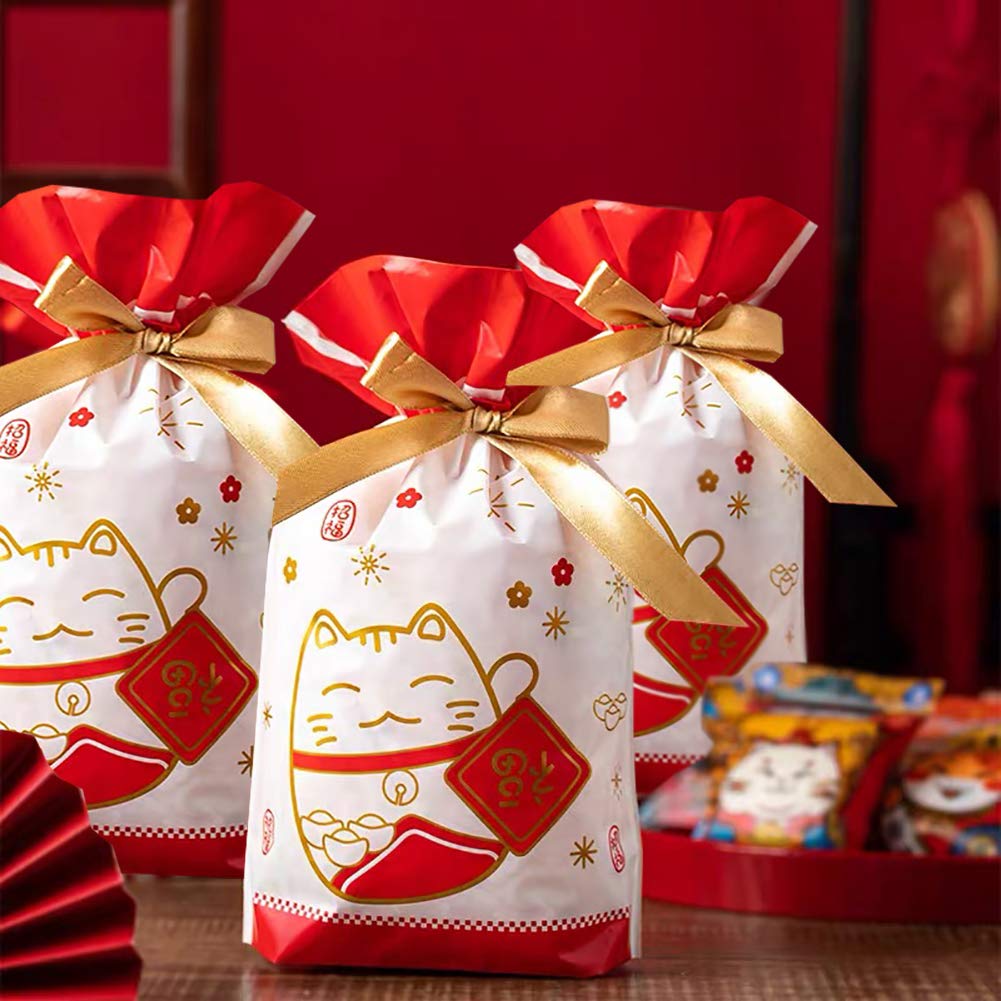 24pcs Lucky Cat Treat Bags - Plastic Drawstring Party Favor Bags for Candy, Gifts & Goodies | Perfect for Birthday, Wedding, Baby Shower, Bridal Shower & Holiday Celebrations