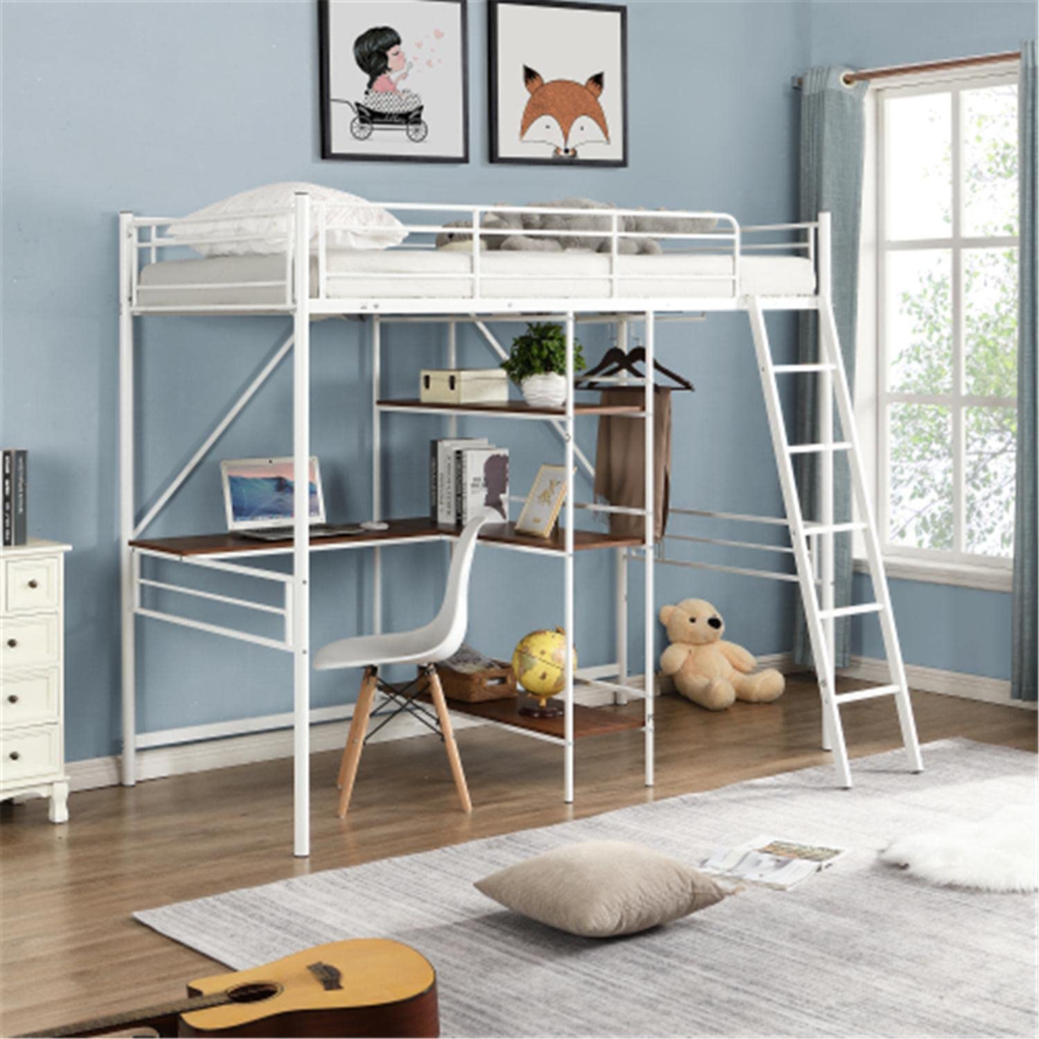 Twin Size Loft Bed with L-Shaped Desk & Shelves - Sturdy Metal Frame with Safety Guardrail - Easy to Assemble White Space-Saving Bed - Perfect for Small Bedrooms, Dorms & Studio Apartments
