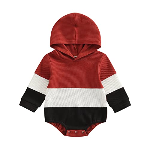 Newborn Baby Boy & Girl Hooded Romper - Oversized Long Sleeve Color Block Bodysuit | Cozy Fall & Winter Outfit for Photoshoots, Playdates & Family Gatherings