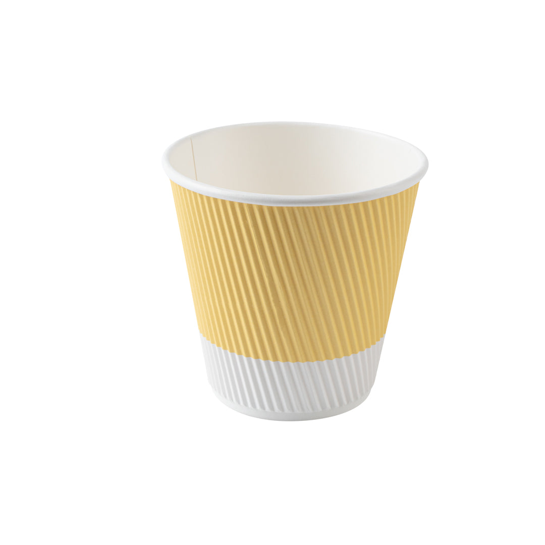 8 oz Light Yellow Ripple Wall Paper Coffee Cups with White Lids - 3.5