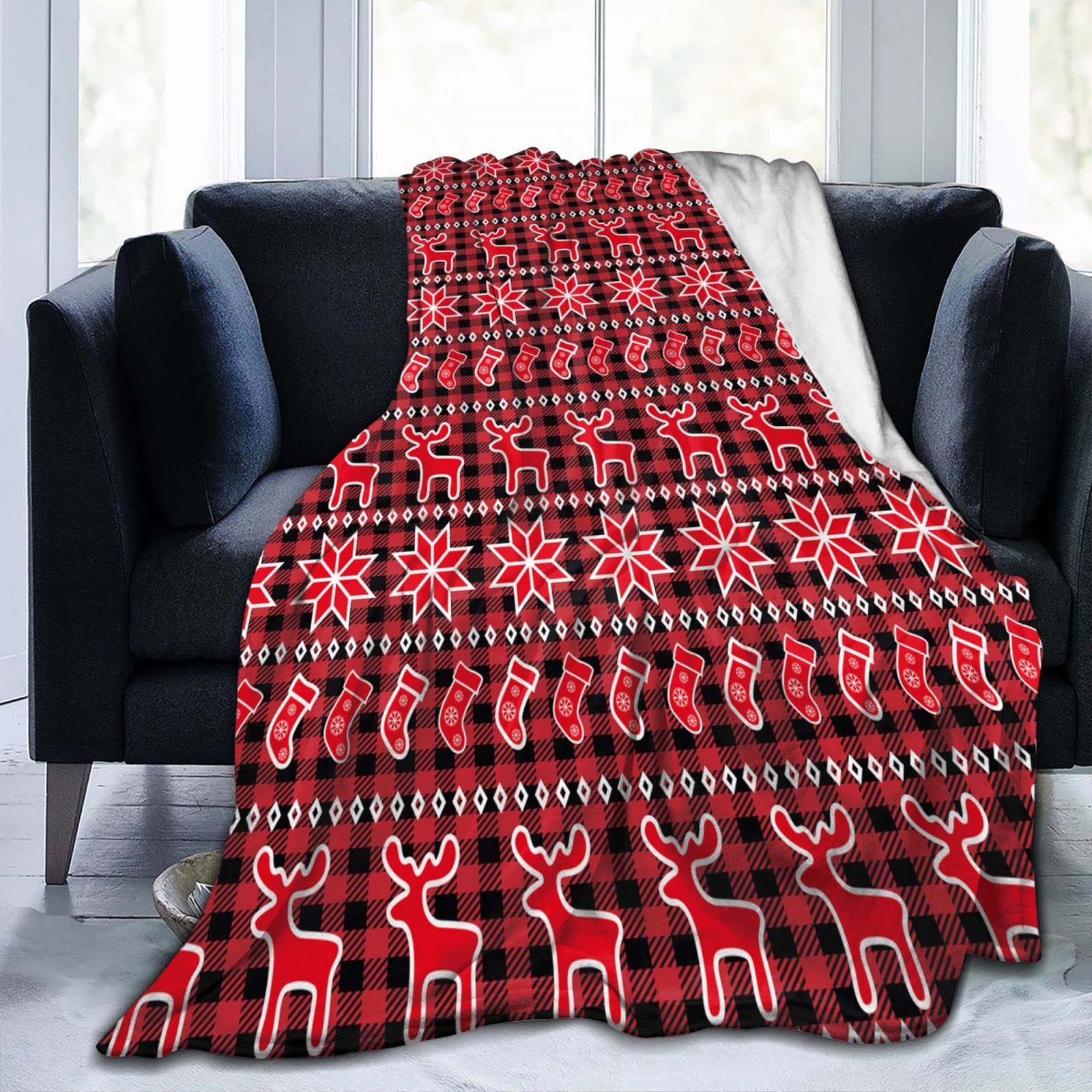 Buffalo Plaid Deer Socks Snowflake Pattern Flannel Fleece Blanket - Super Soft & Warm 60