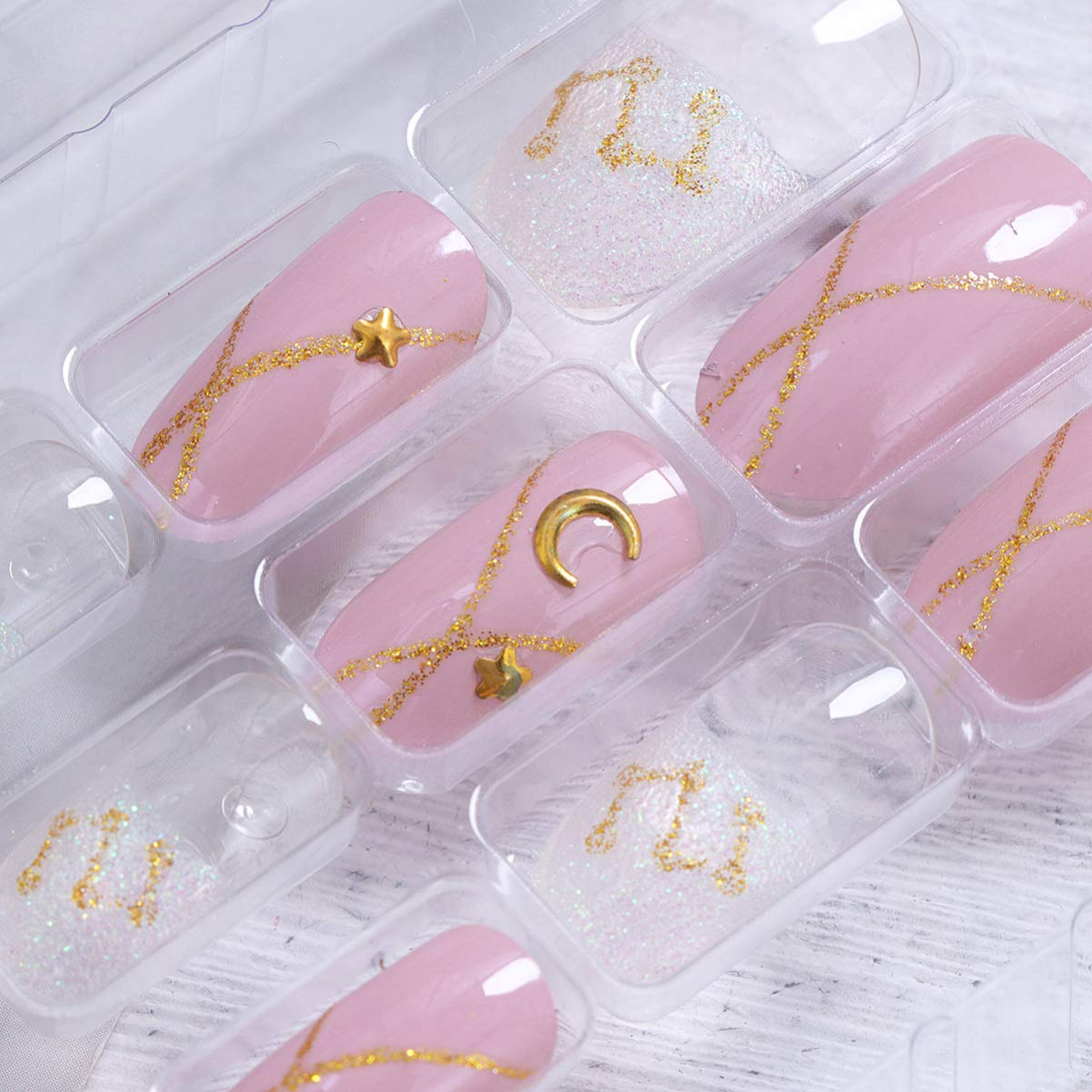 FRCOLOR 24Pcs Pink Glossy Full Cover Press On Nails - Glitter Fake Nails with Moon & Star Design for Wedding, Party, Prom & Special Occasions | Easy to Apply & Reusable Artificial Nails for Women & Girls