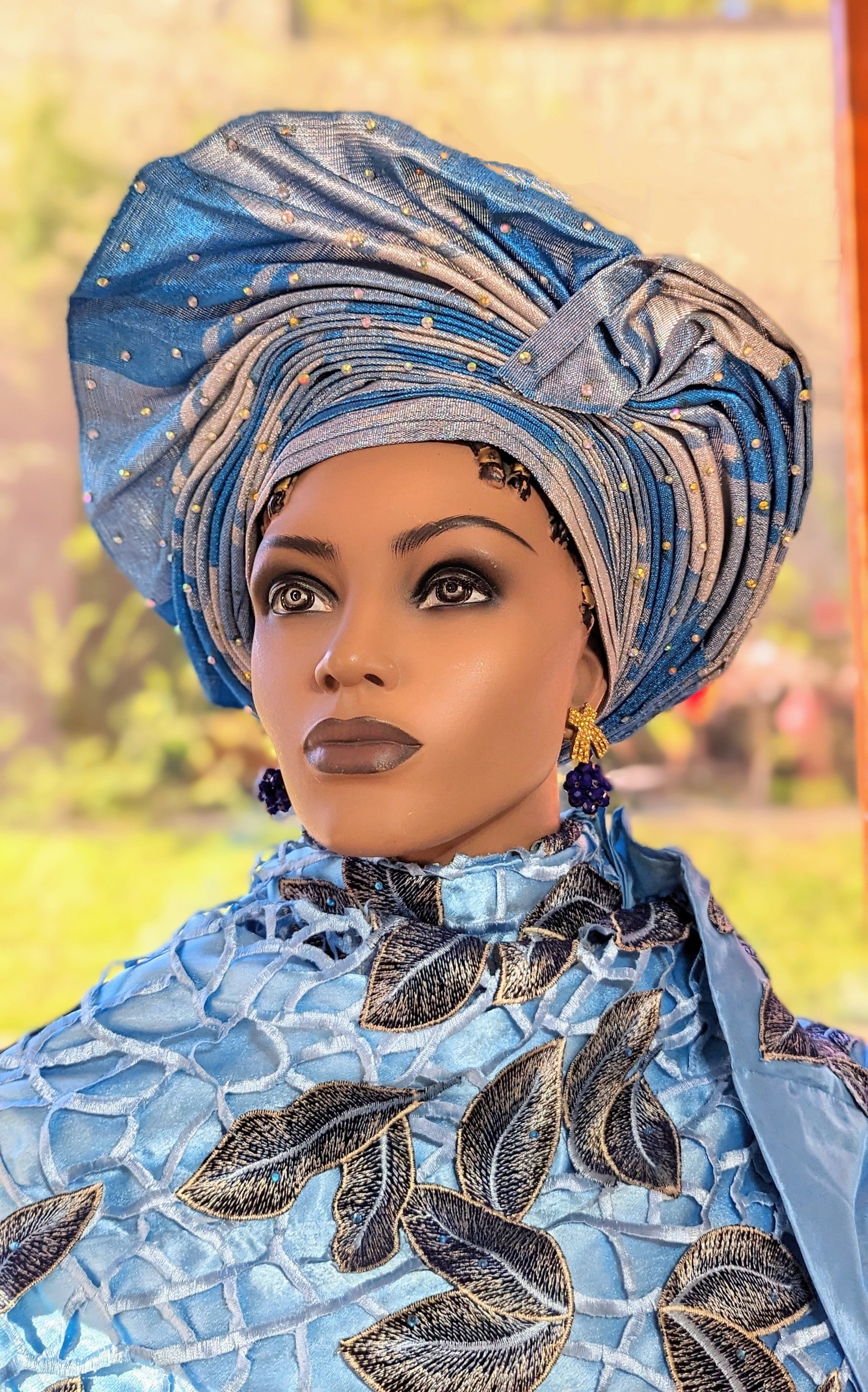 Elegant Two-Toned Turquoise Blue & Silver Aso Oke African Head Wrap | Pre-Tied Autogele Head Tie | Perfect for Weddings, Parties & Cultural Events (DPAGTBS97)