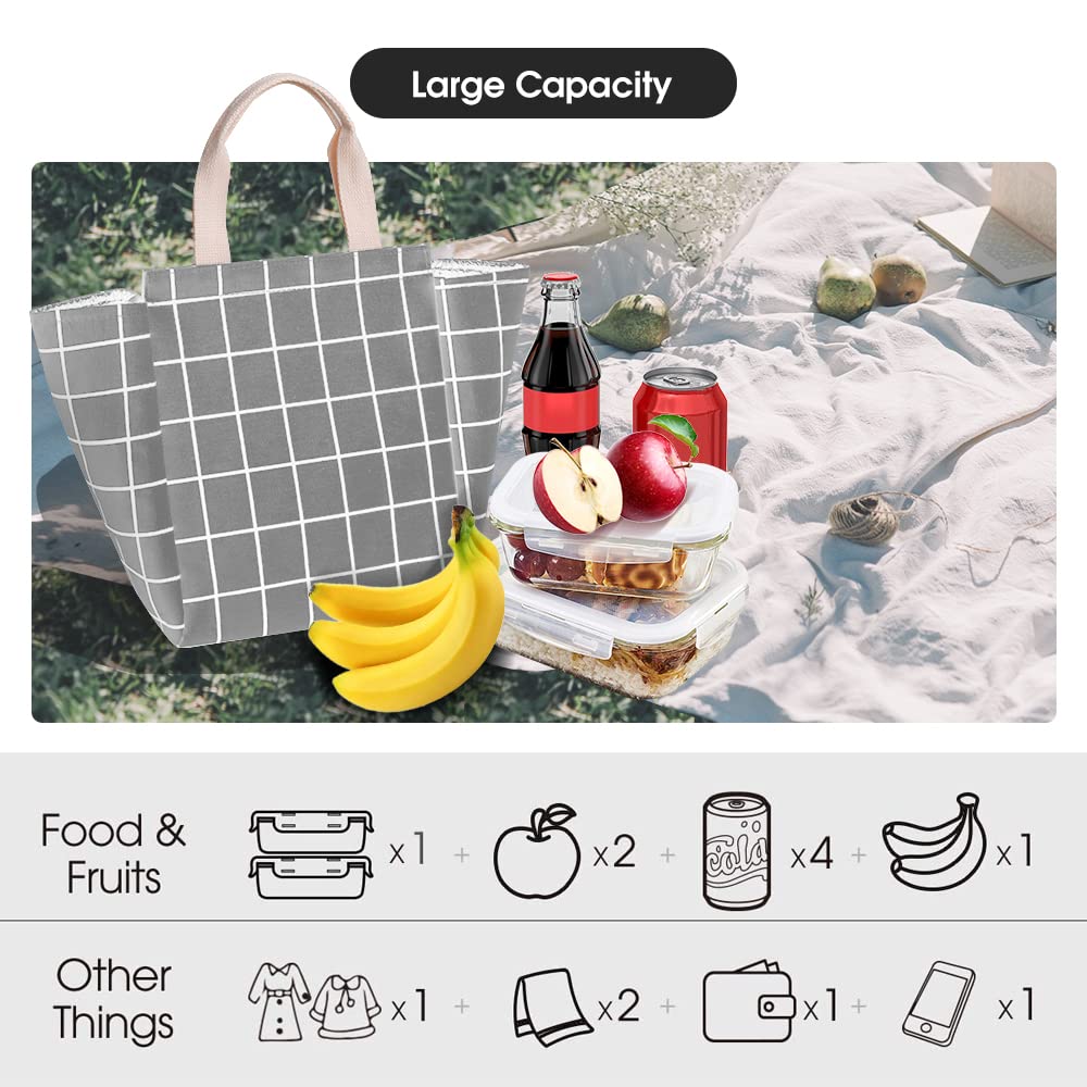 **HOMESPON Reusable Insulated Lunch Bag with Aluminum Foil - Eco-Friendly Canvas Lunch Box for Women & Men - Office, School, Picnic, Travel - Grey Plaid Design**