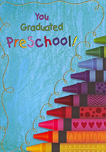 Designer Greetings Preschool Graduation Card - Blue Pyramid of Crayons Congratulations Card for Kindergarten & Pre-K Graduates - Perfect for End-of-Year Celebrations & Teacher Gifts